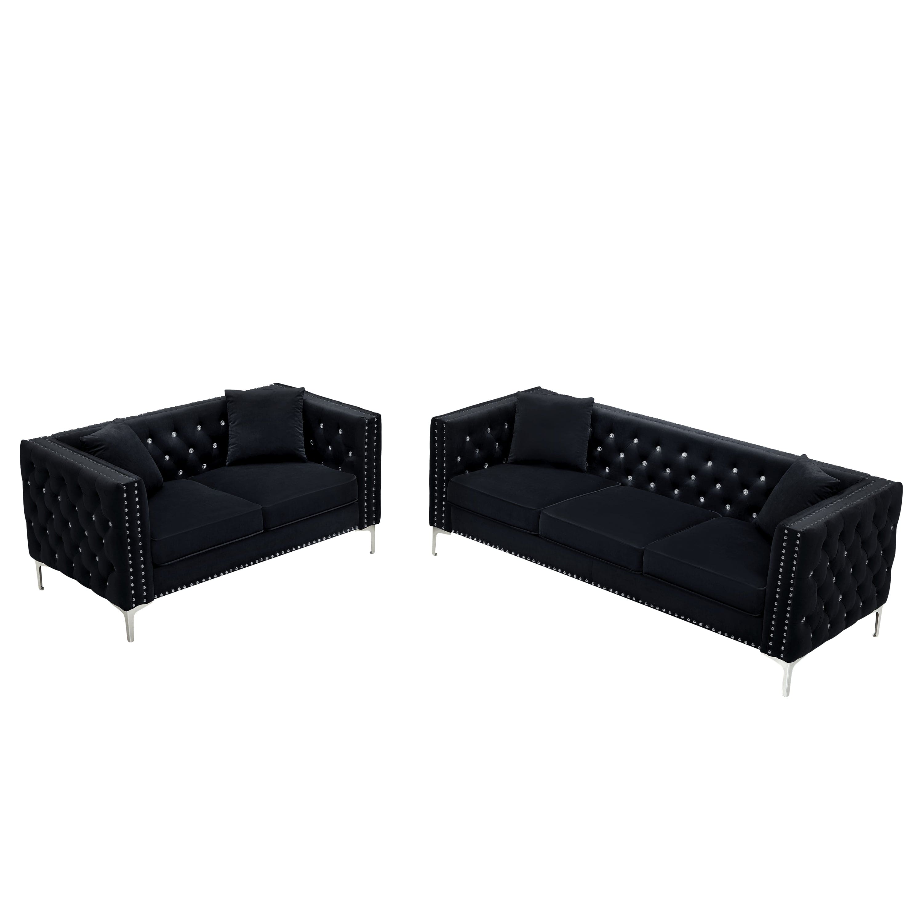 2 Piece Modern Velvet Living Room Set with Sofa and Loveseat,Jeweled Button Tufted Copper Nails Square Arms Black,4 Pillows Included