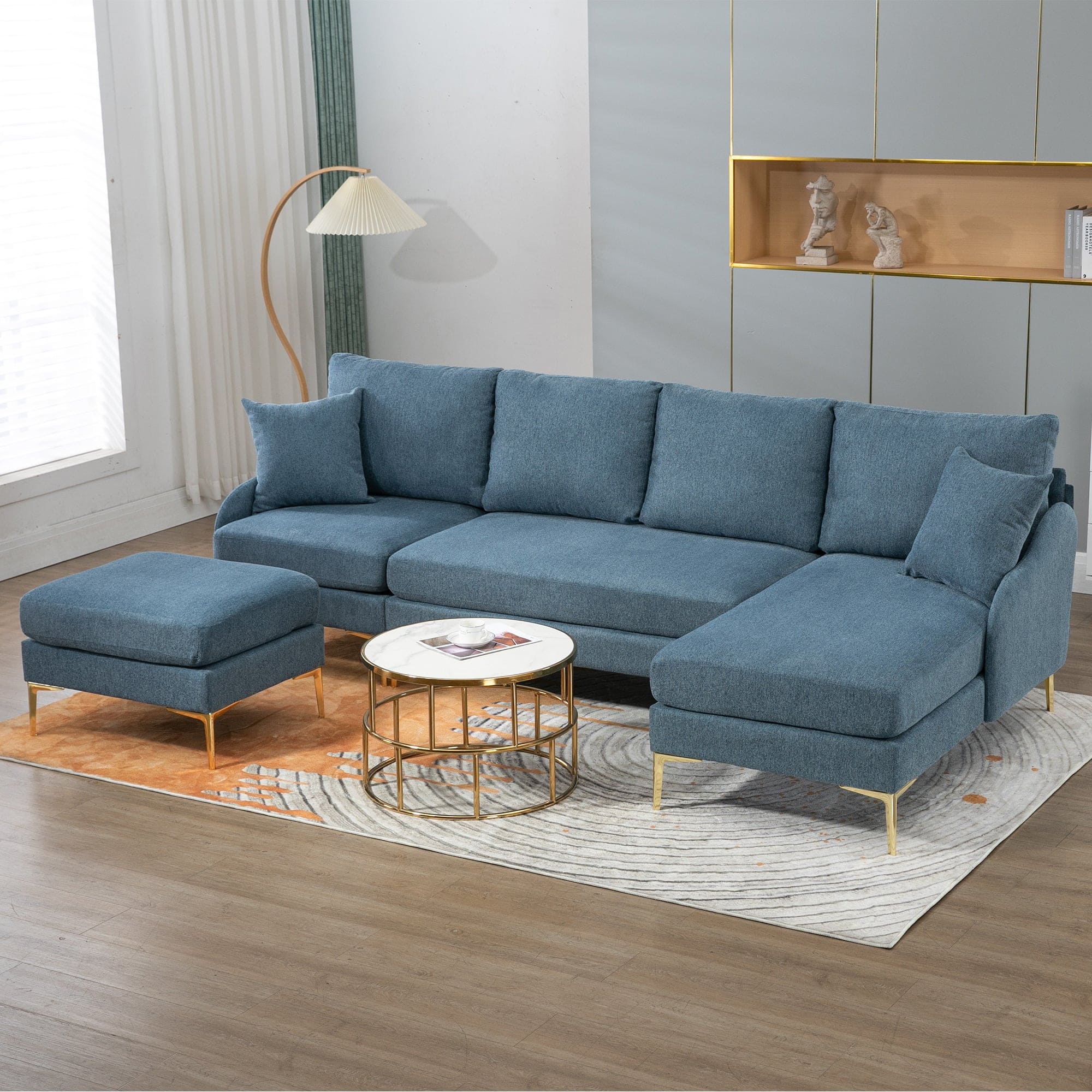 110'' Wide Reversible Left or Right Chaise of Sectional Sofa U-Shape Convertible Sofa Couch 4-Seat Couch with Chaise Lounge Upholstered for Living Room, Apartment, Office, Blue Polyester Blend