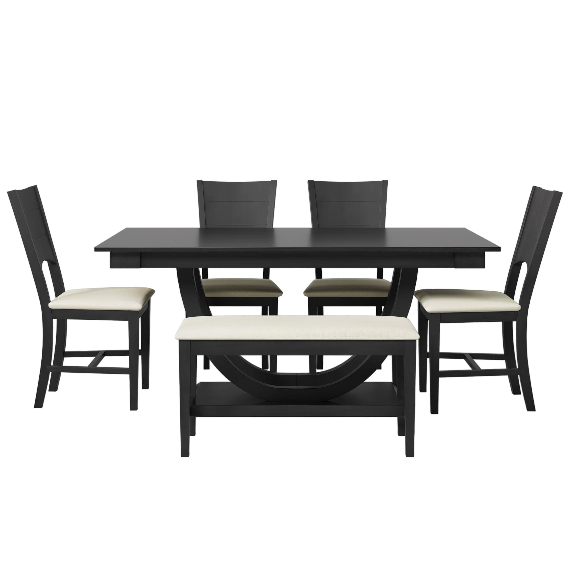 TOPMAX 6-Piece Wood Half Round Dining Table Set Kitchen Table Set with Long Bench and 4 Dining Chairs, Modern Style, Gray