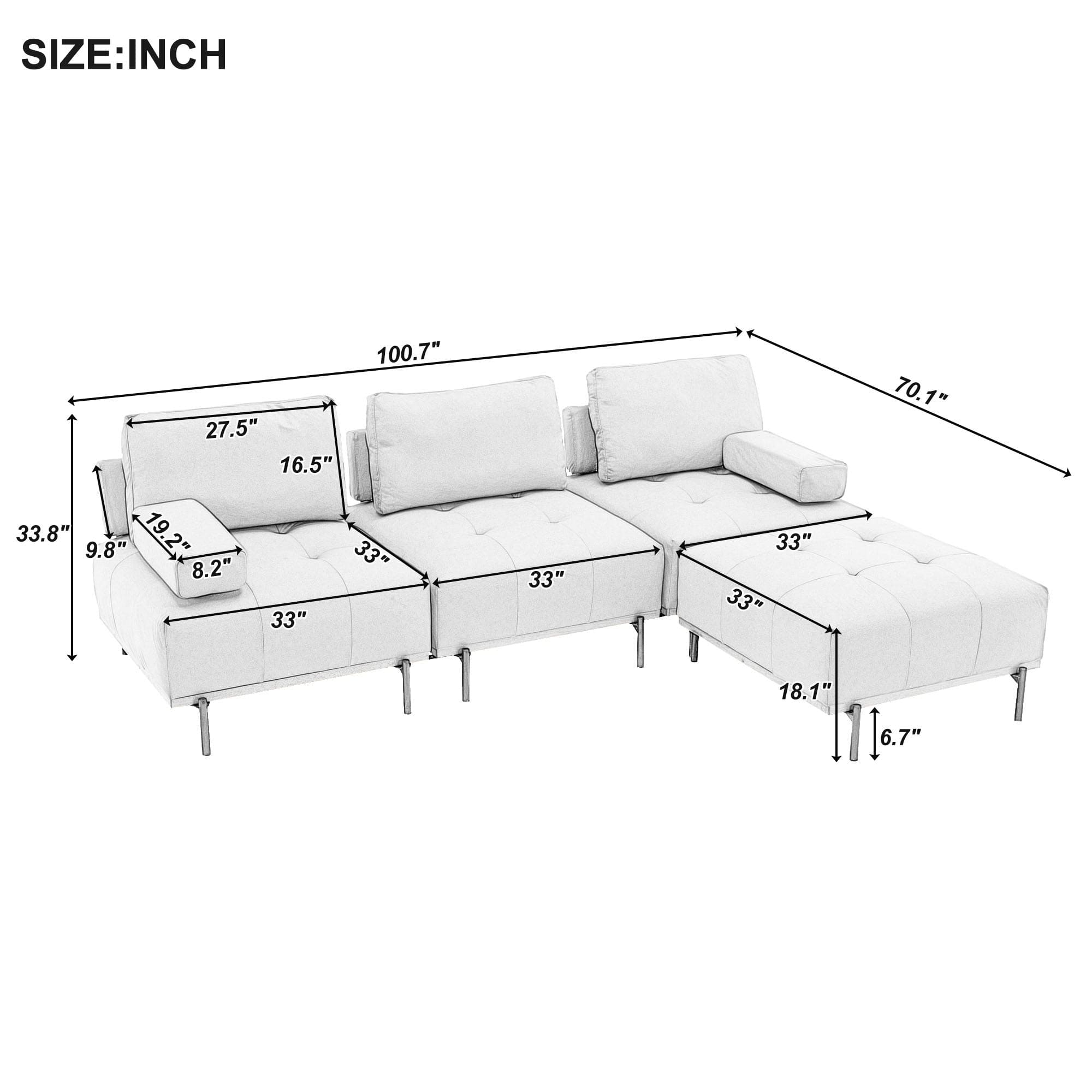 100.7'' L-Shape Sectional Sofa 3-Seater Couches with a Removable Ottoman, Comfortable Fabric for Living Room, Apartment, Beige