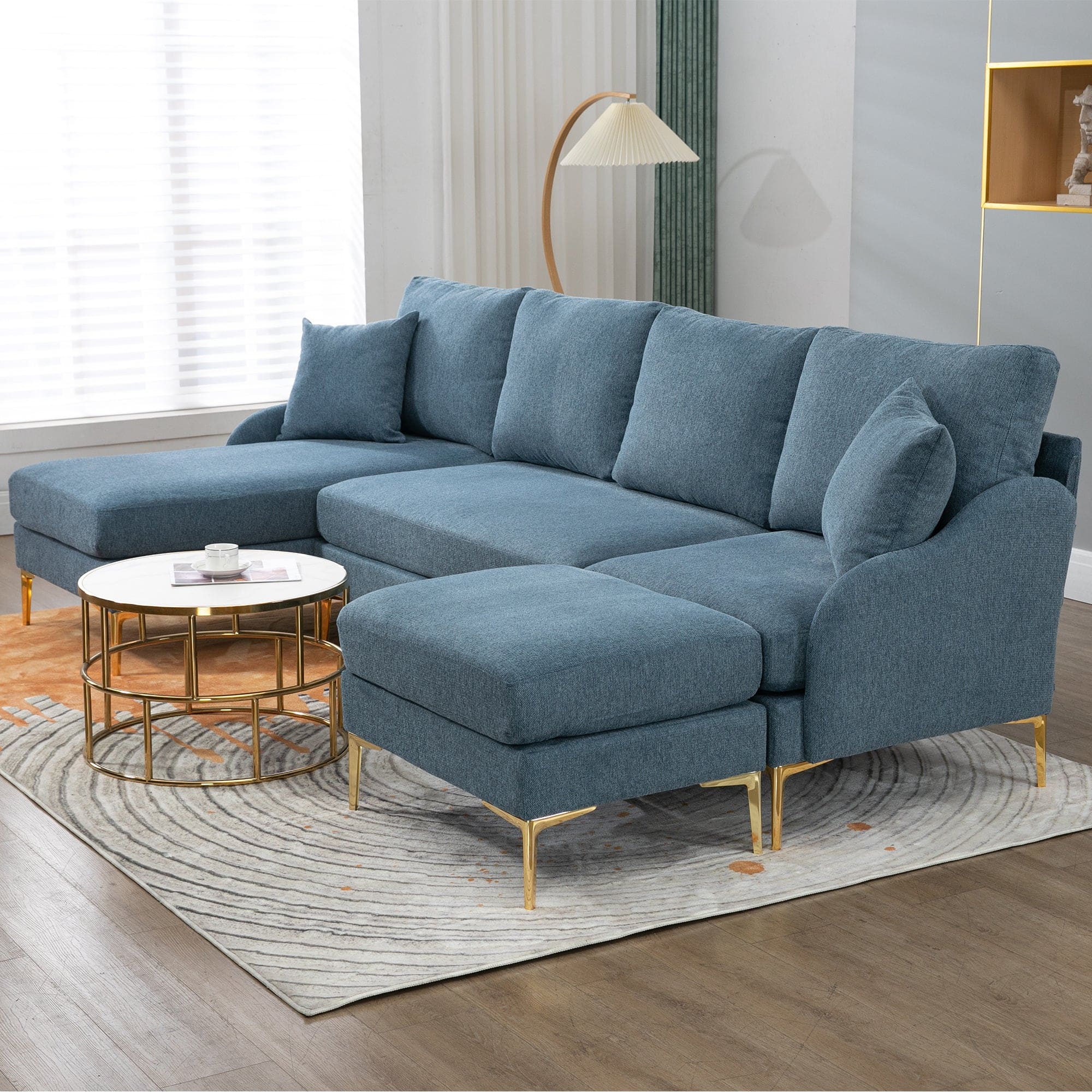 110'' Wide Reversible Left or Right Chaise of Sectional Sofa U-Shape Convertible Sofa Couch 4-Seat Couch with Chaise Lounge Upholstered for Living Room, Apartment, Office, Blue Polyester Blend
