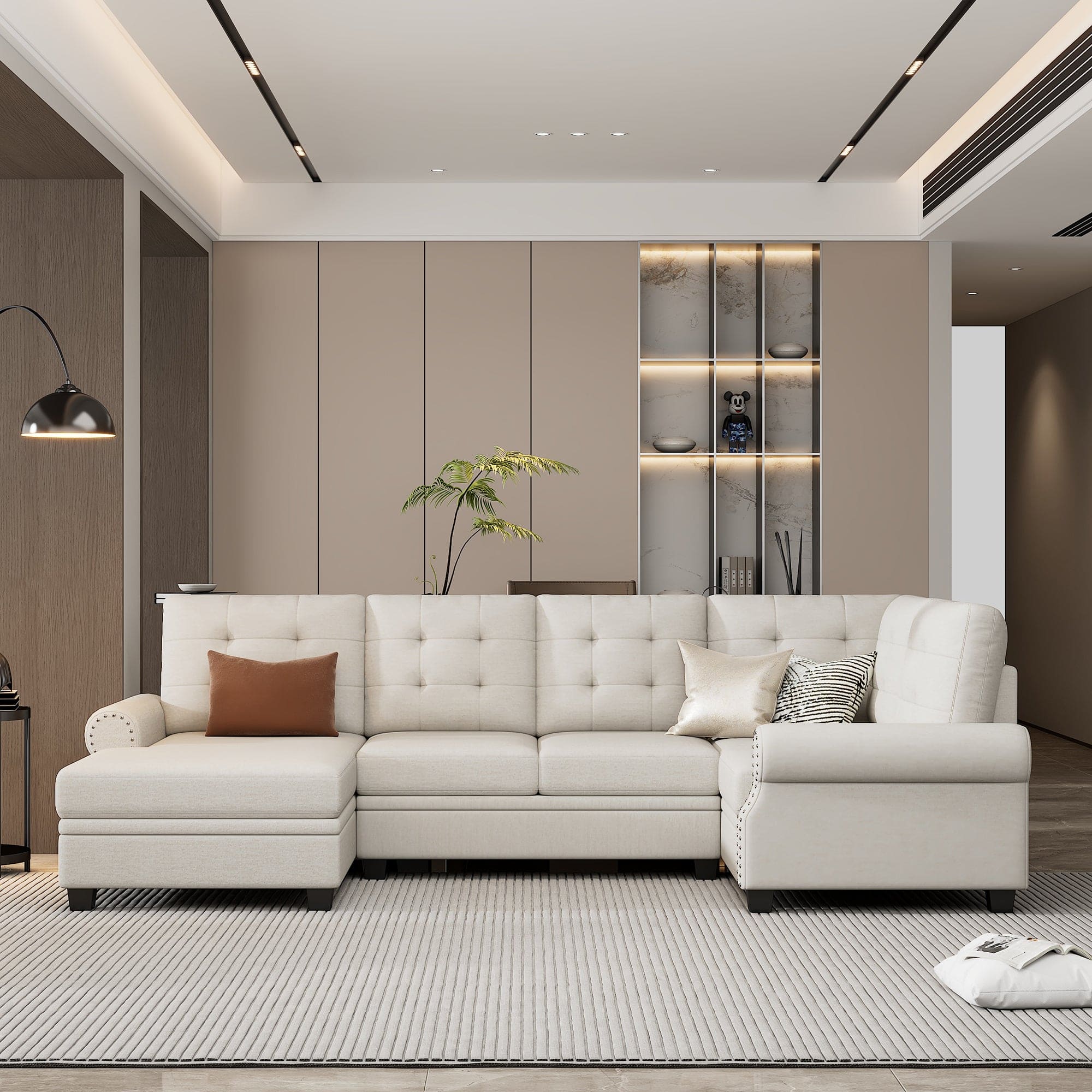 120" Modern U-Shaped Corner Sectional Sofa Upholstered Linen Fabric Sofa Couch for Living Room, Bedroom, Beige