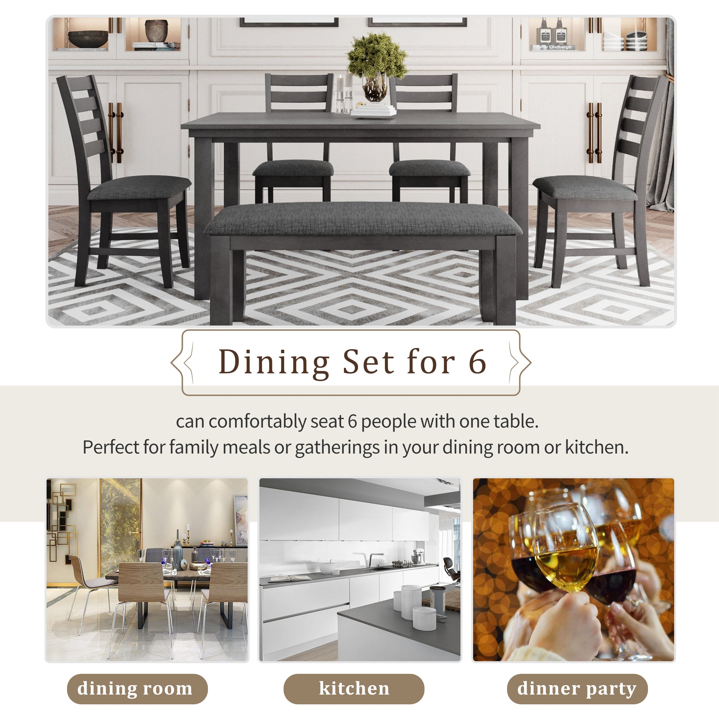 TREXM Dining Room Table and Chairs with Bench, Rustic Wood Dining Set, Set of 6 (Gray)