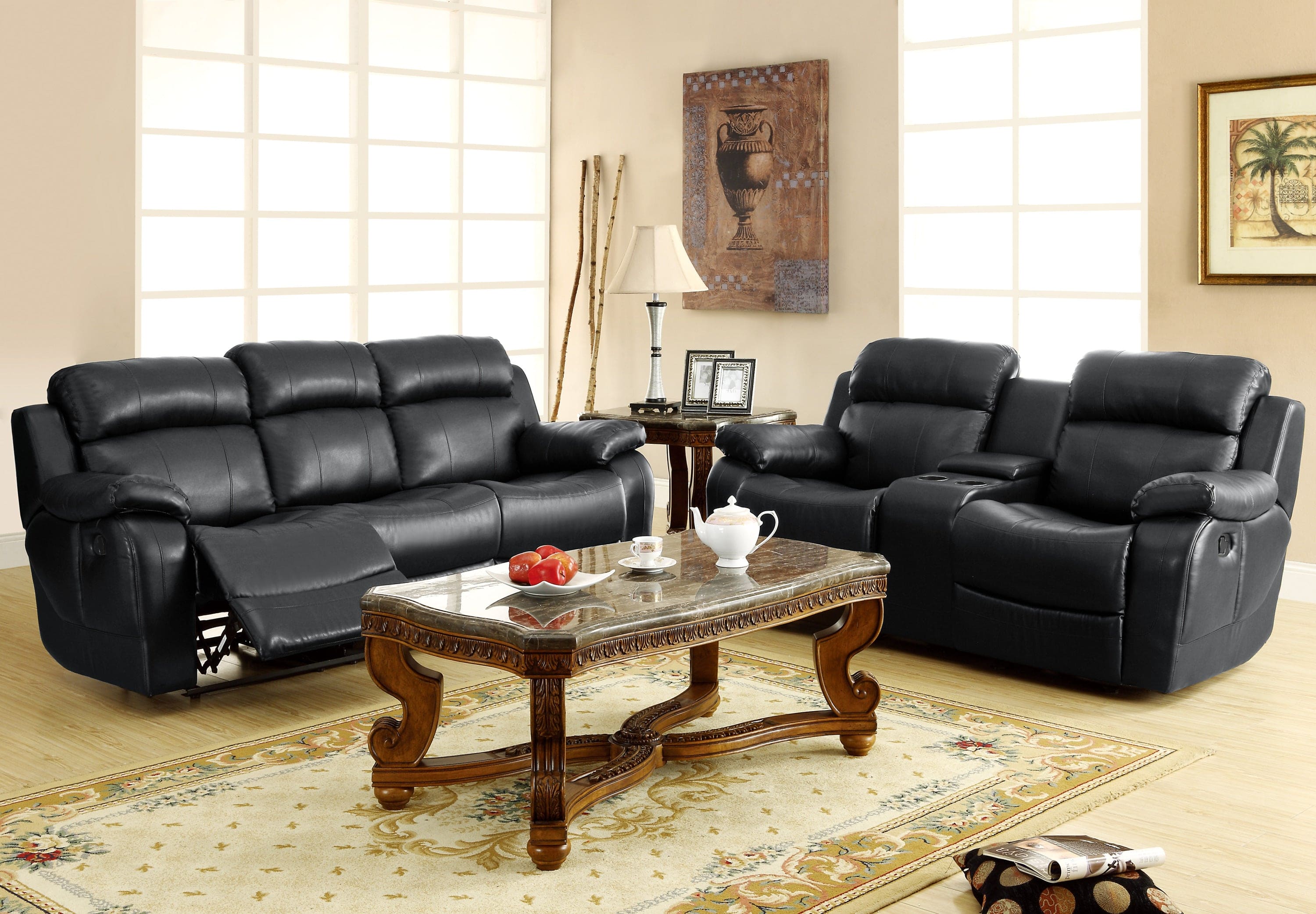 Double Glider Reclining Love Seat with Center Console Black Faux Leather Upholstered Contemporary Living Room Furniture