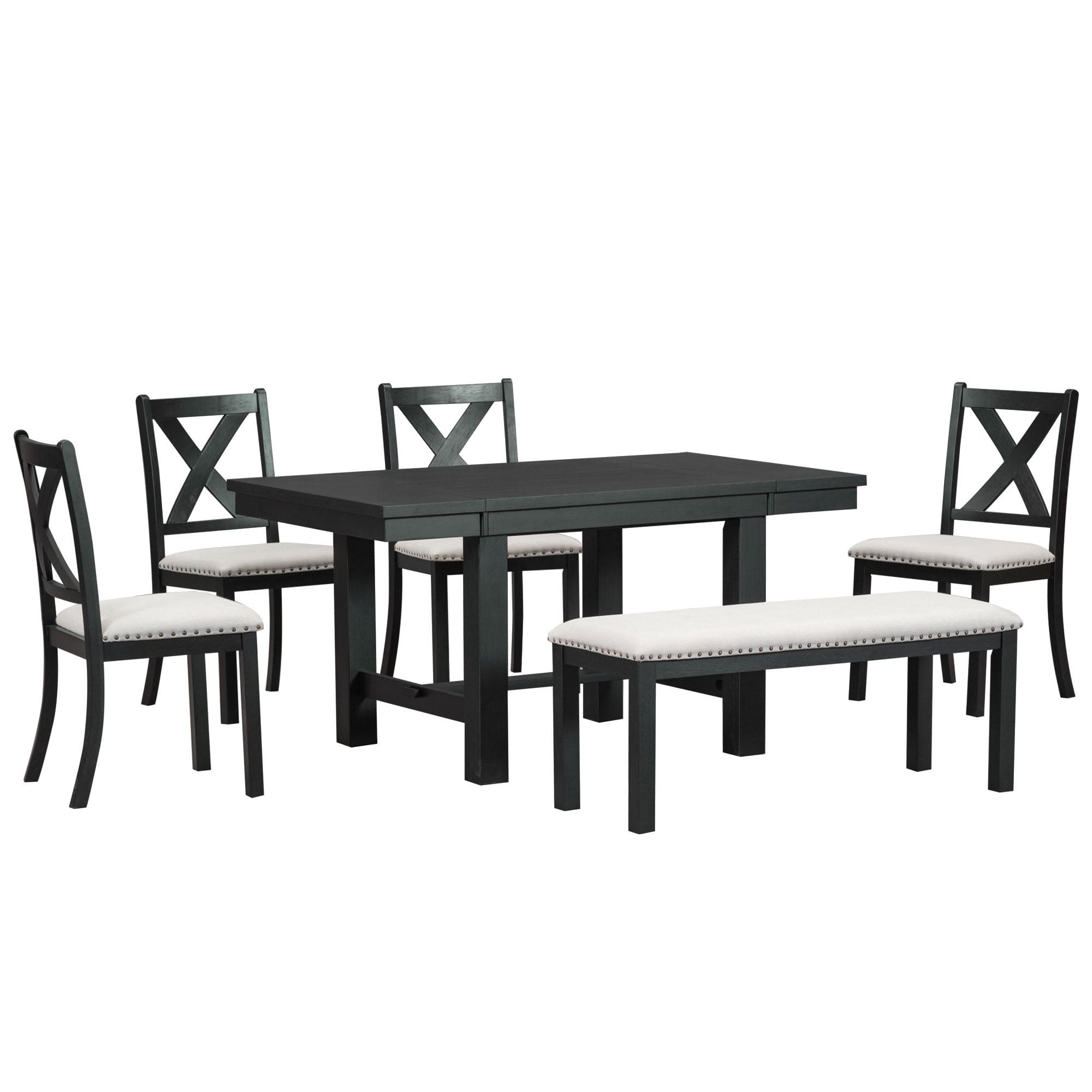 TOPMAX Farmhouse 82inch 6-Piece Extendable Dining Table with Footrest, 4 Upholstered Dining Chairs and Dining Bench, Two 11"Removable Leaf, Black+Beige Cushion