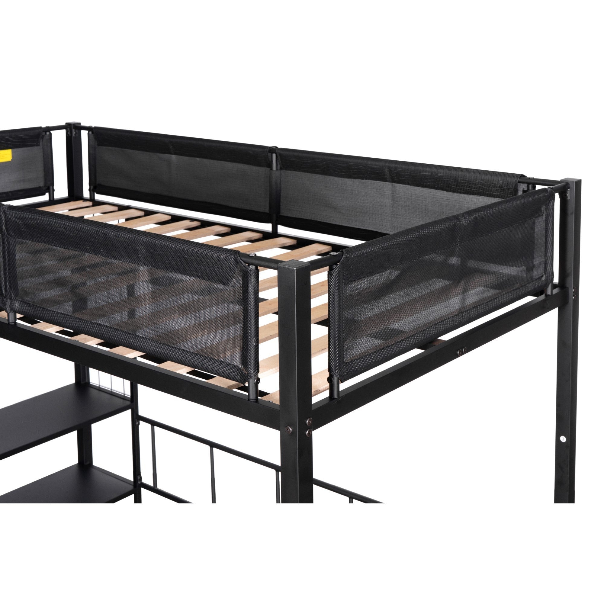 Metal Twin over Full Bunk with Shelves & Grid Panel/ Sturdy Metal Bed Frame/ Noise-free Wood Slats/ Comfortable Textilene Guardrail/ Built-in 2-tier Shelves & Grid Panel/ Separated Full size Bed