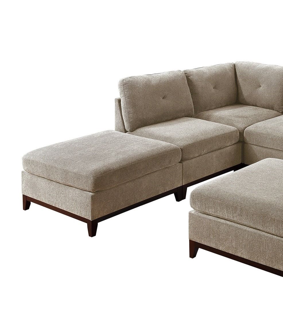 Camel Chenille Fabric Modular Sectional 7pc Set Living Room Furniture L-Sectional Couch 2x Corner Wedge 3x Armless Chairs and 2x Ottomans Tufted Back Exposed Wooden Base