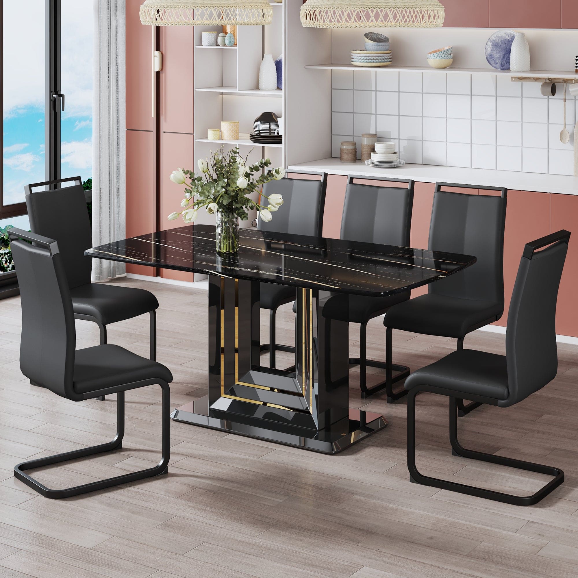 A table and six chairs. The table features a black imitation marble pattern tabletop and black gold MDF legs. The chair has a black PU backrest cushion and black metal legs. F-SQ  C-1162