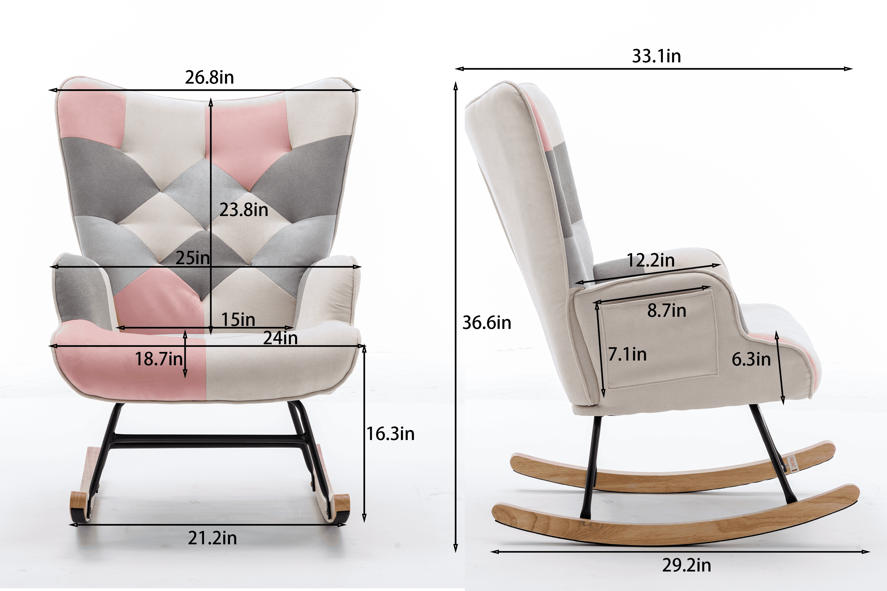 Modern Patchwork Accent Chair with Solid Wood Armrest and Feet, Mid-Century Modern Accent Sofa, Fabric Sofa Chair for Living Room Bedroom Studio, Comfy Side Armchair for Bed (pink)