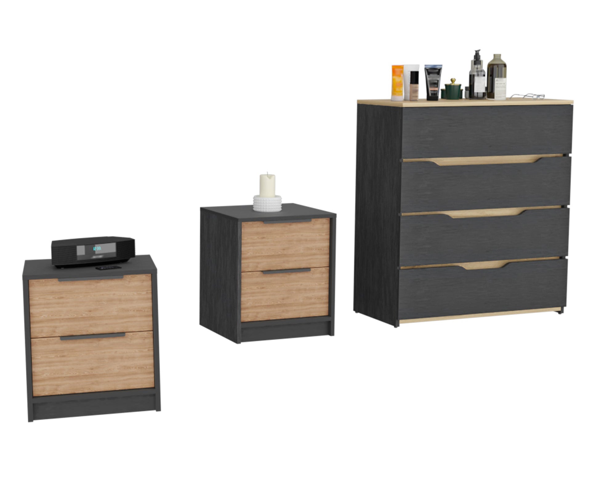 Hartford 3-Piece Bedroom Set, Two Nightstands and Dresser, Black, Pine and Light Oak