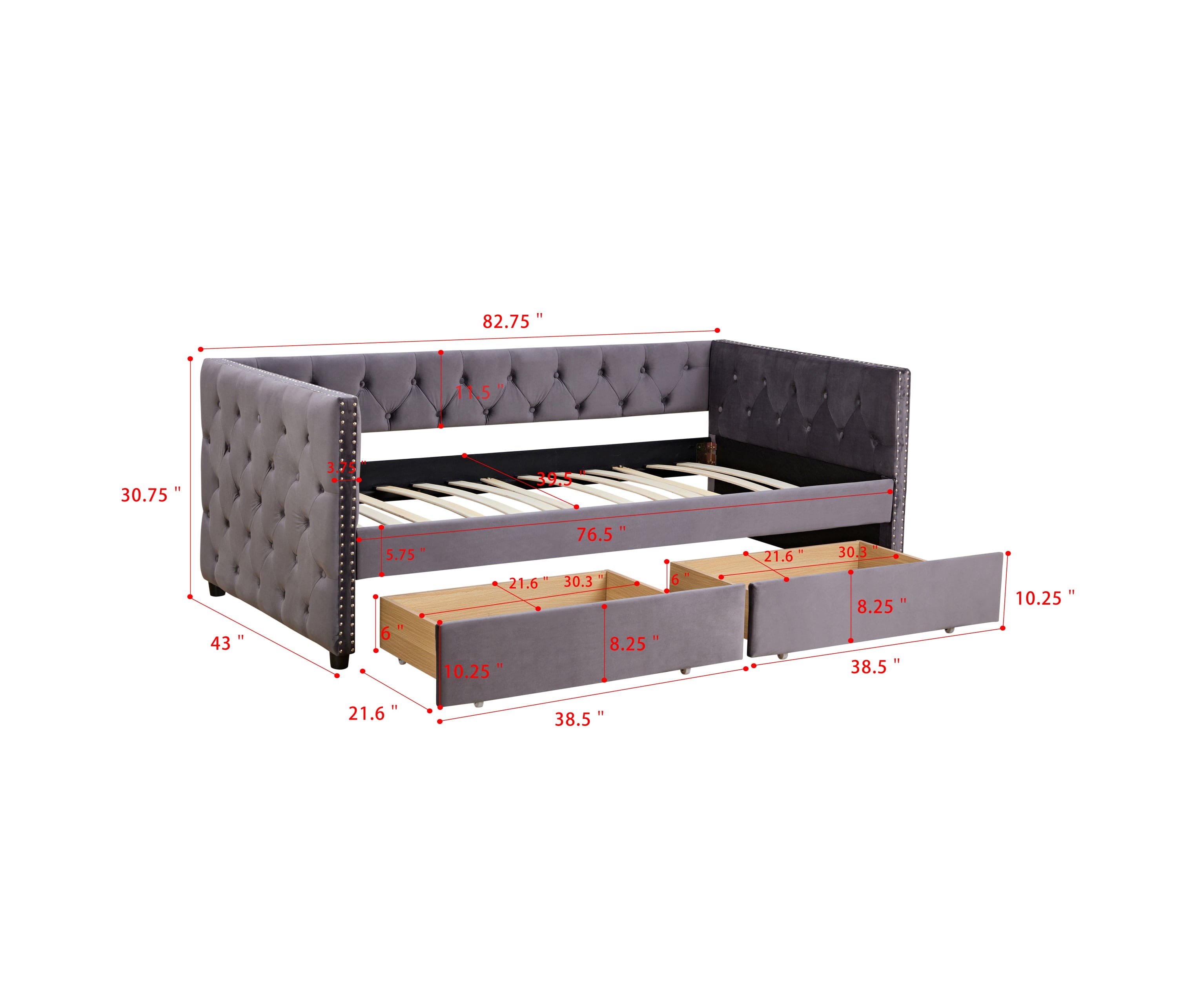 Sofa bed with drawers, modern velvet upholstered sofa bed with button tufted sofa bed frame with double drawers, bedroom living room furniture, Grey(83.47''x42.91''x30.71''')