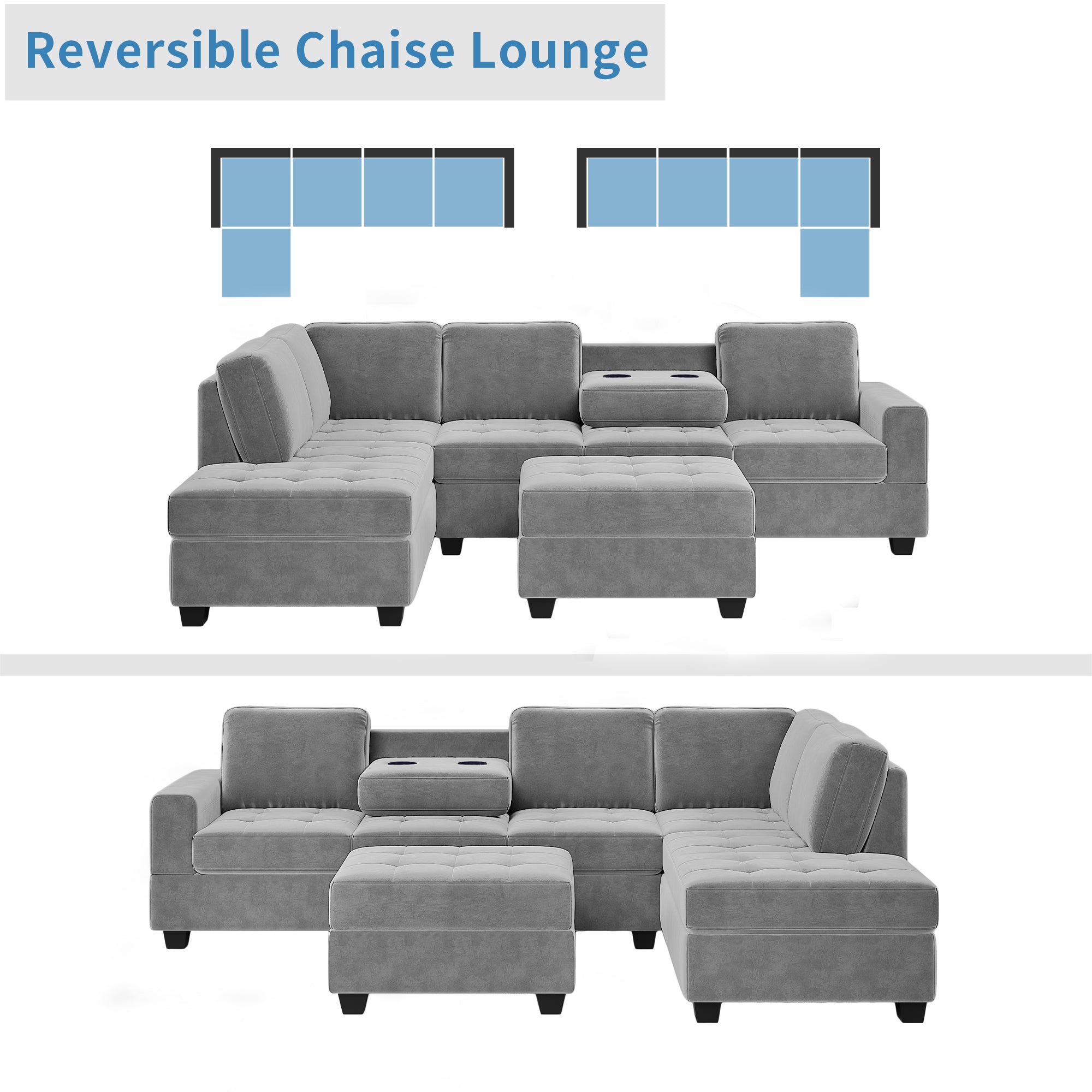 Orisfur. Modern Sectional Sofa with Reversible Chaise, L Shaped  Couch Set with Storage Ottoman and Two Cup Holders for Living Room