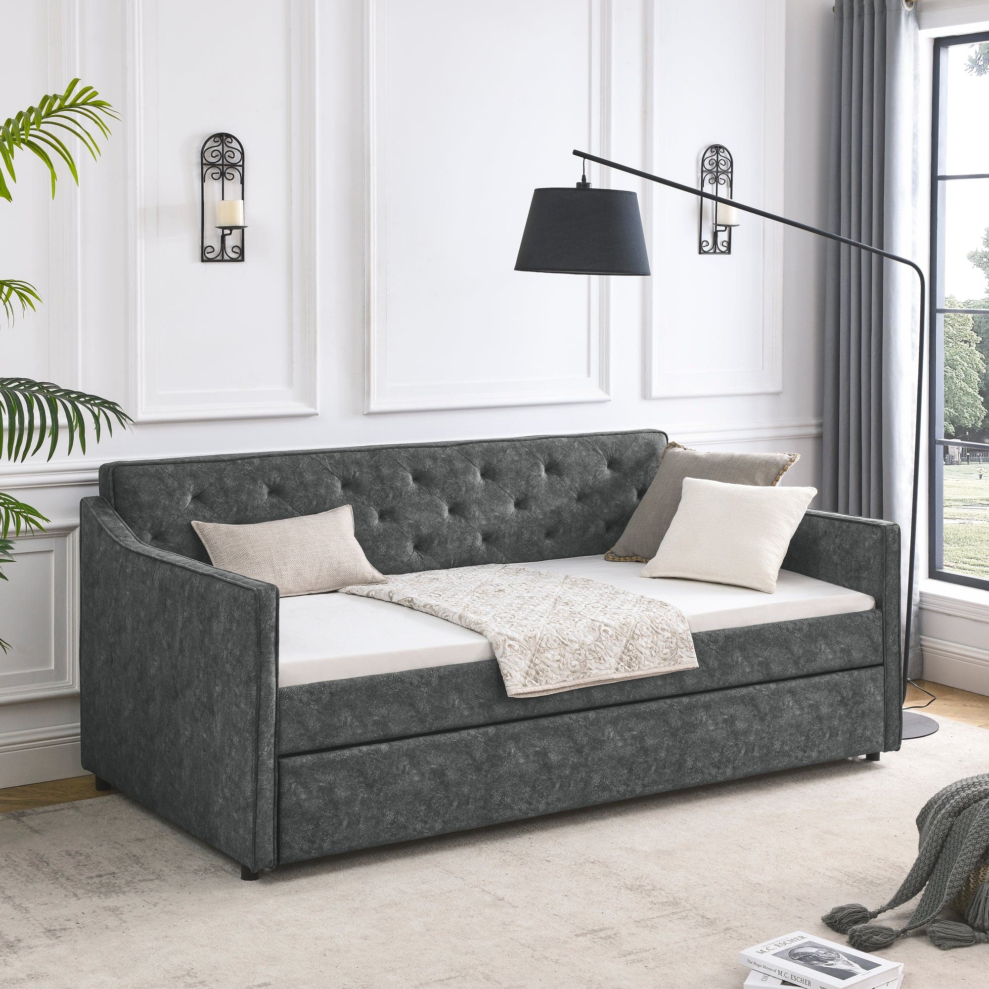 Twin Size Daybed with Twin Size Trundle Upholstered Tufted Sofa Bed,  Waved Shape Arms, Grey (80.5"x44.5"x33.5")