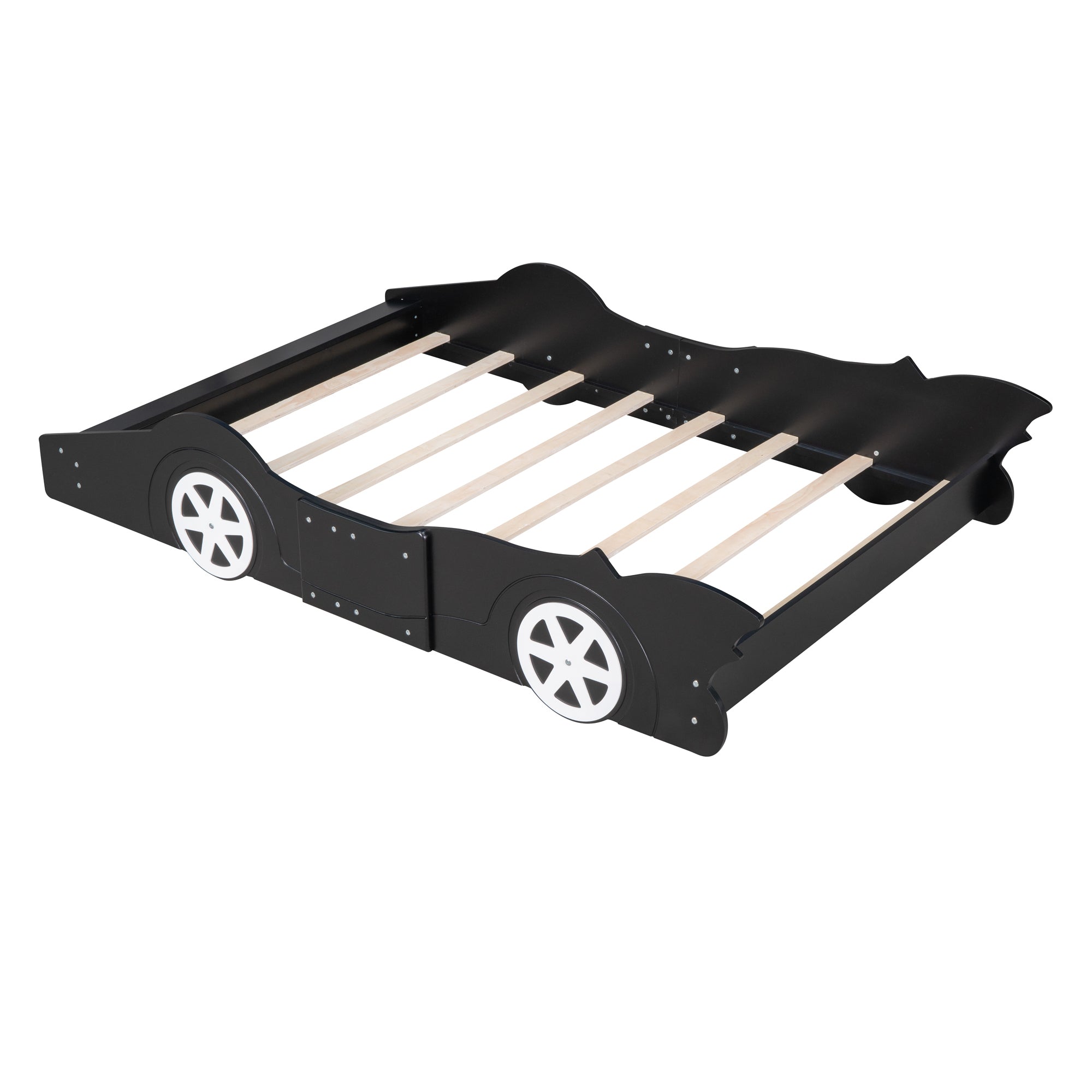 Full Size Race Car-Shaped Platform Bed with Wheels,Black