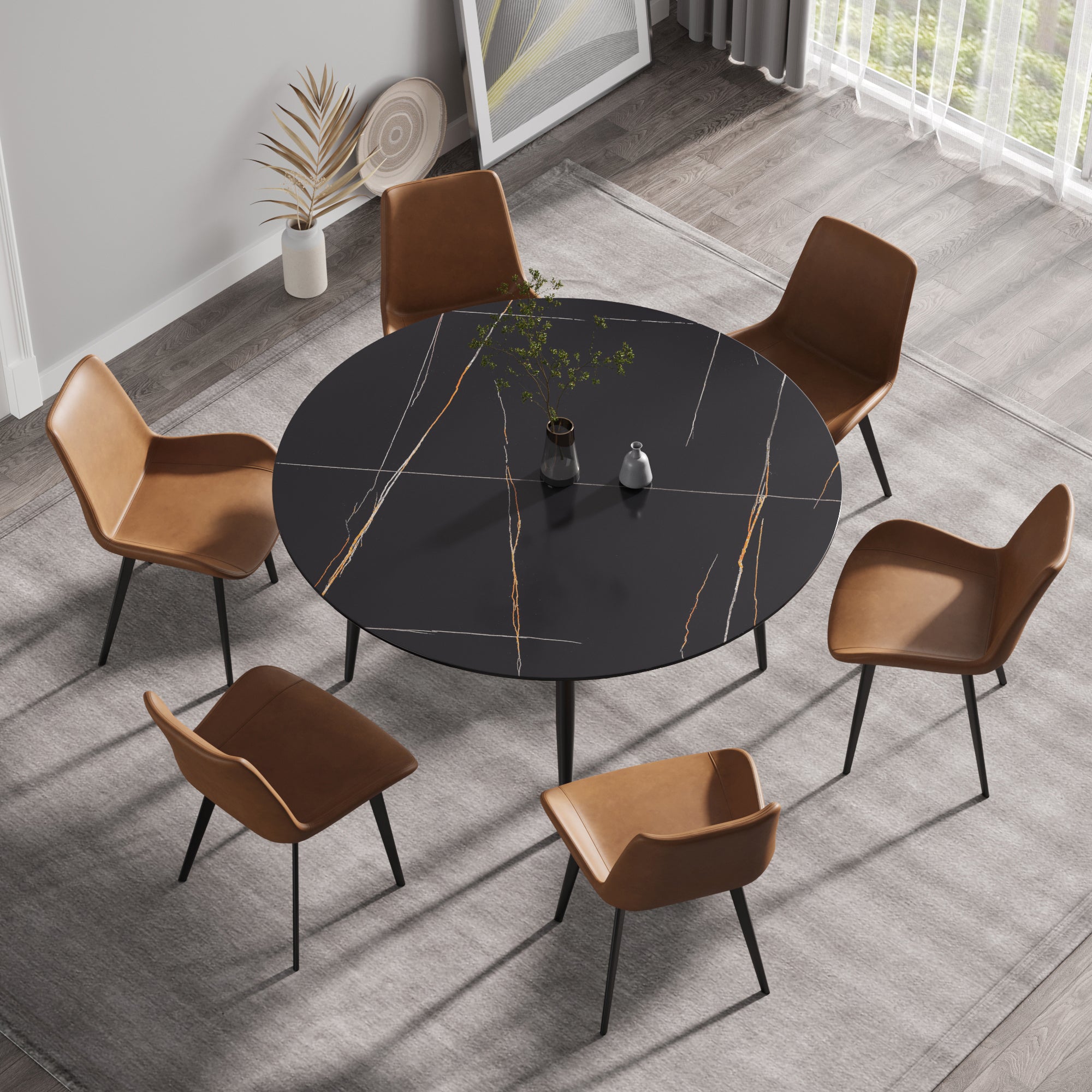 59.05"Modern man-made stone round black metal dining table-position for 6 people