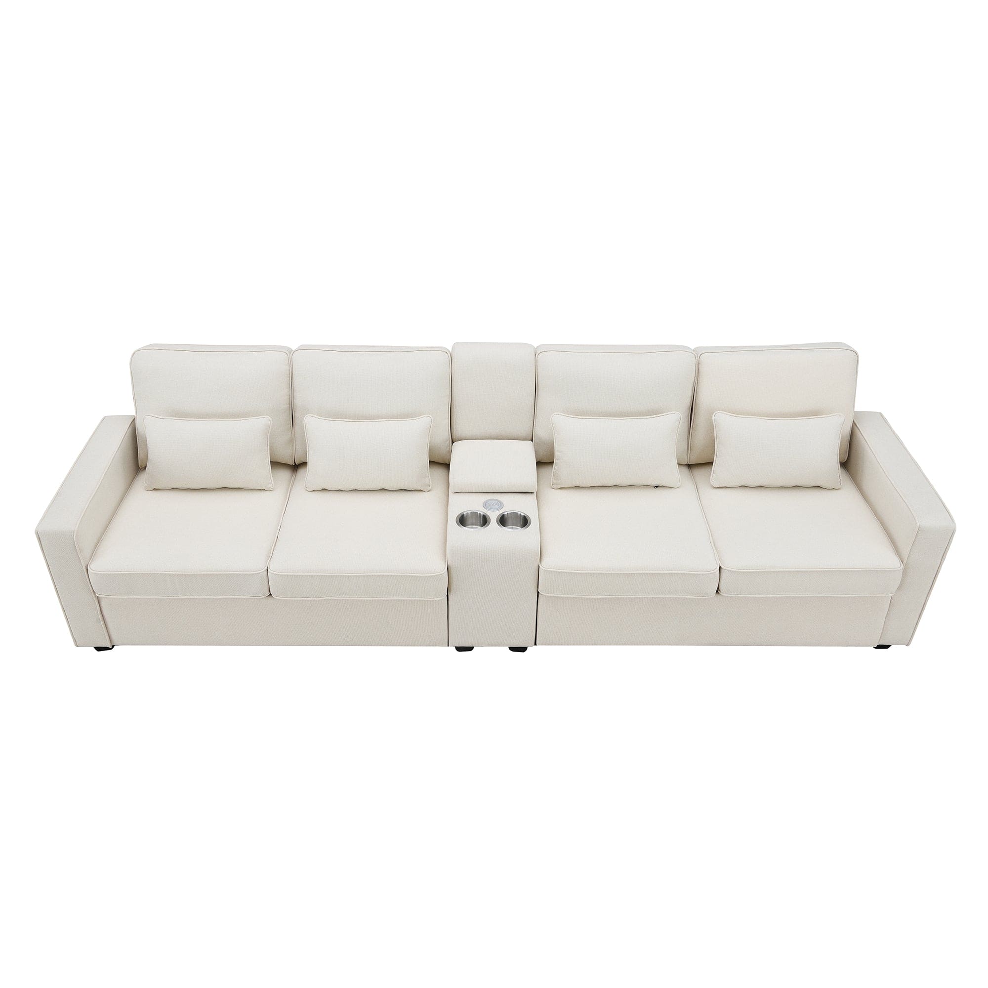 [VIDEO provided] [New] 114.2" Upholstered Sofa with Console, 2 Cupholders and 2 USB Ports Wired or Wirelessly Charged, Modern Linen Fabric Couches with 4 Pillows for Living Room, Apartment (4-Seat)