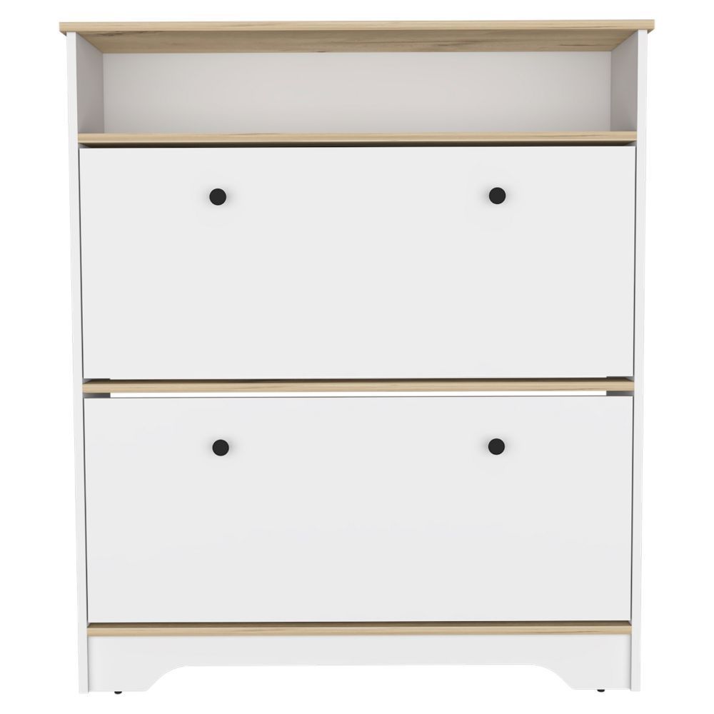 Shoe Rack Dublin, One Open Shelf, Two Extendable Cabinets, Light Oak / White Finish