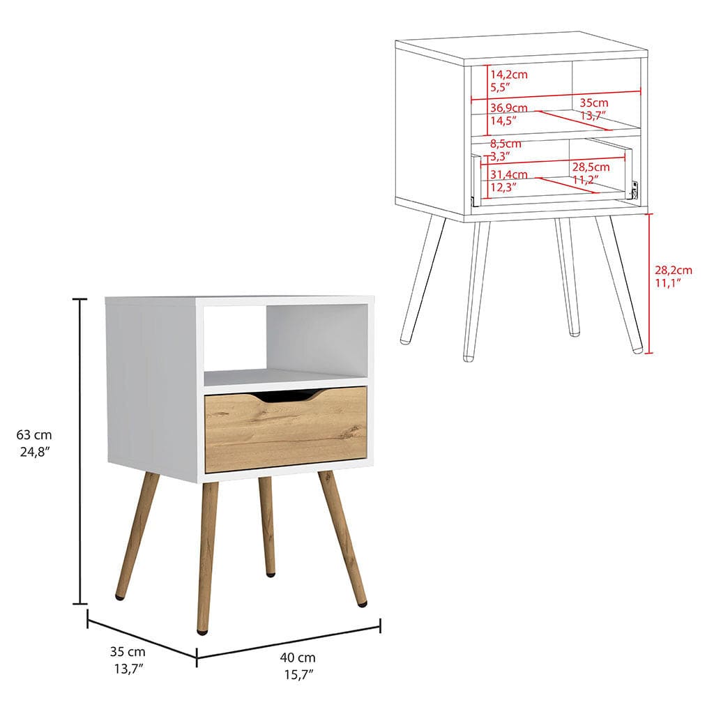 Nightstand  Fugaz, Open Shelf, Single Drawer, White / Light Oak Finish