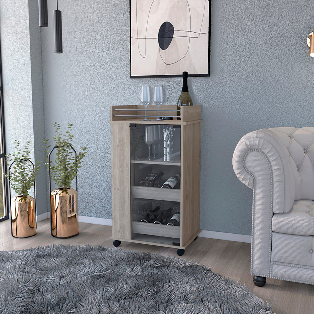 Bar Cart with Two-Side Shelves Beaver, Glass Door and Upper Surface, Light Gray Finish