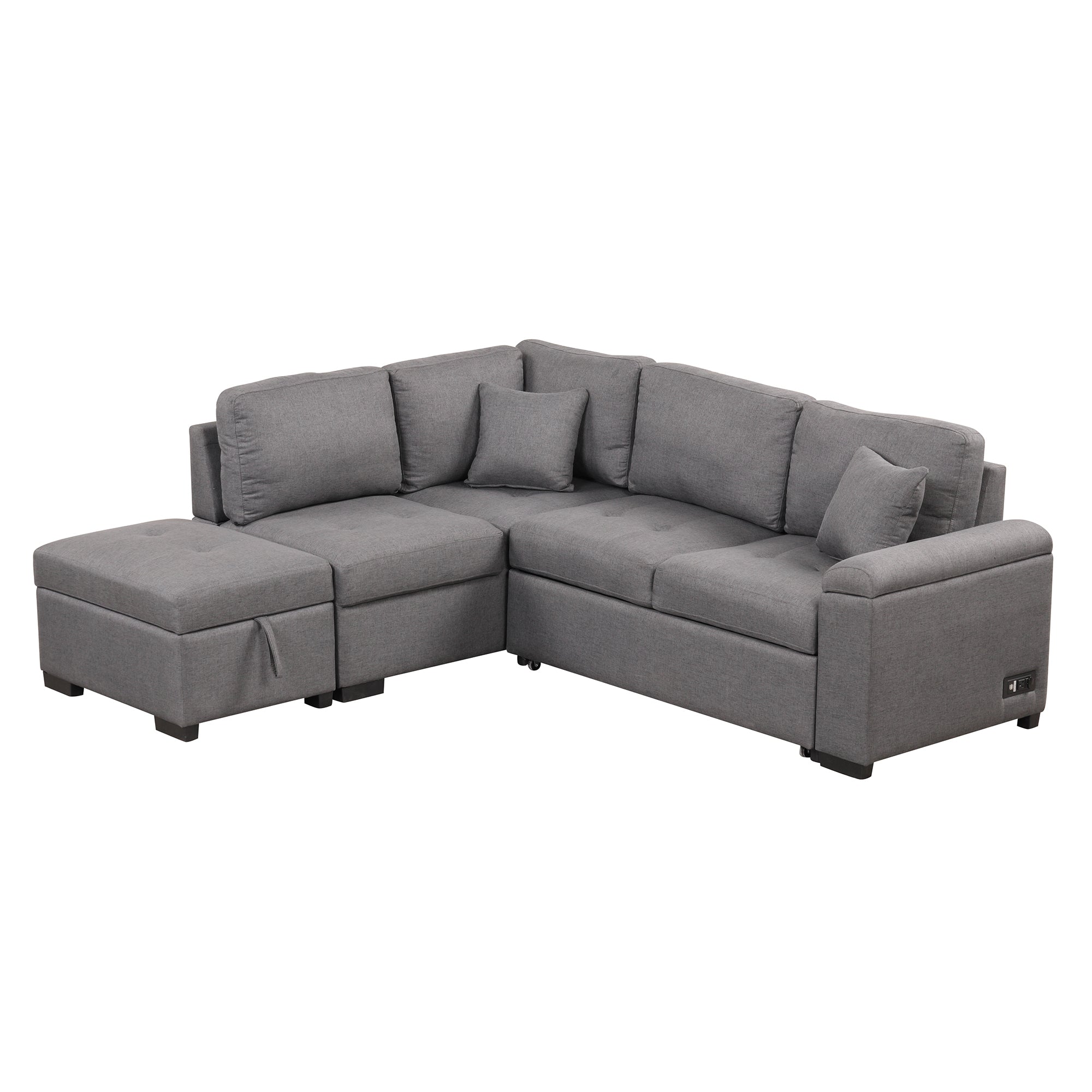 Sleeper Sectional Sofa, L-Shape Corner Couch Sofa-Bed with Storage Ottoman & Hidden Arm Storage & USB Charge  for Living Room Apartment, Dark Gray