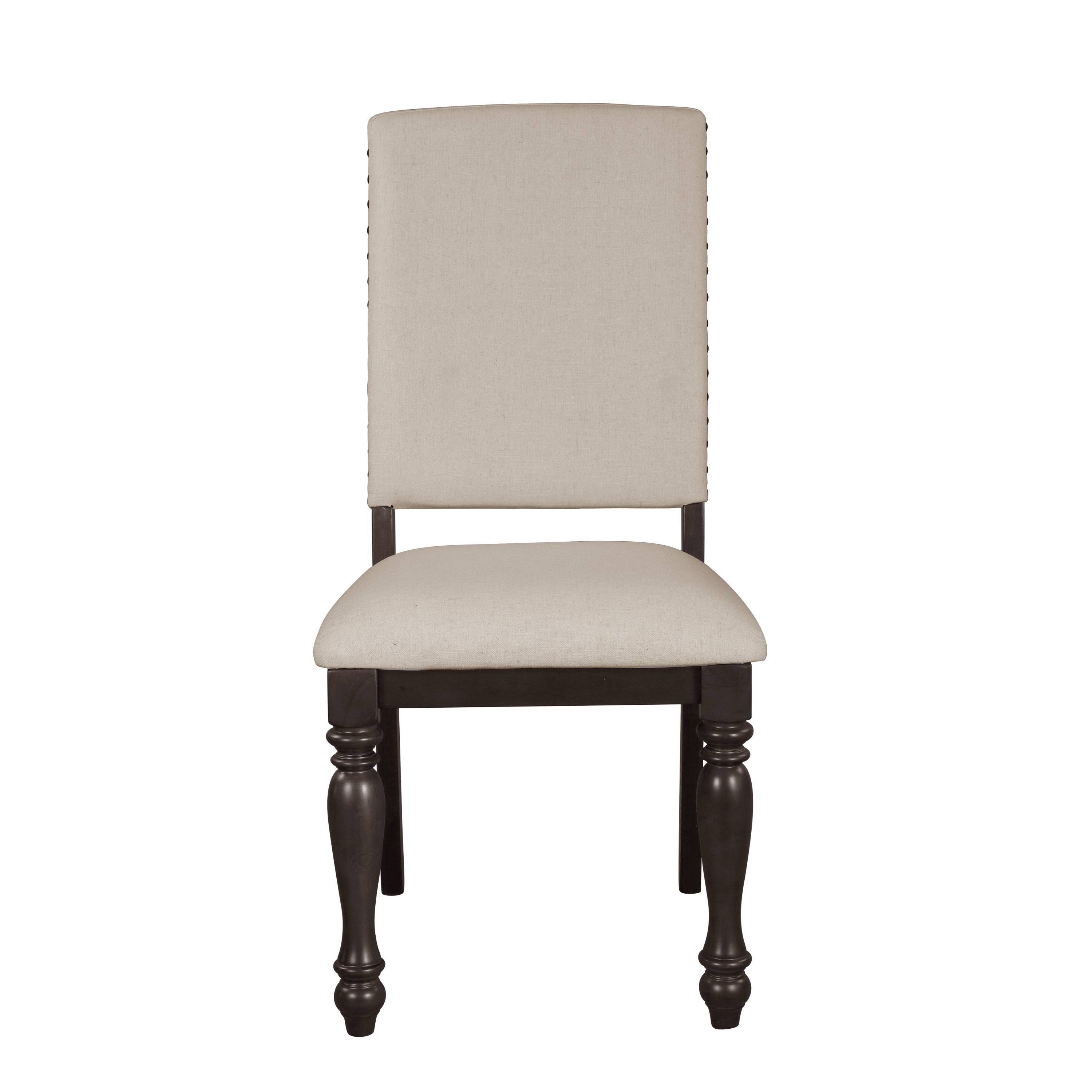 Fabric Upholstery Side Chairs 2pc Set Grayish Brown Finish Wood Frame Nailhead Trim Turned Legs Dining Furniture