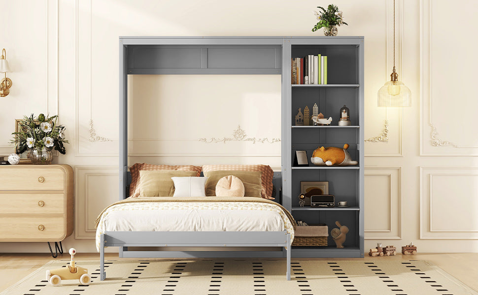 Queen Size Murphy Bed Wall Bed with Shelves,Gray