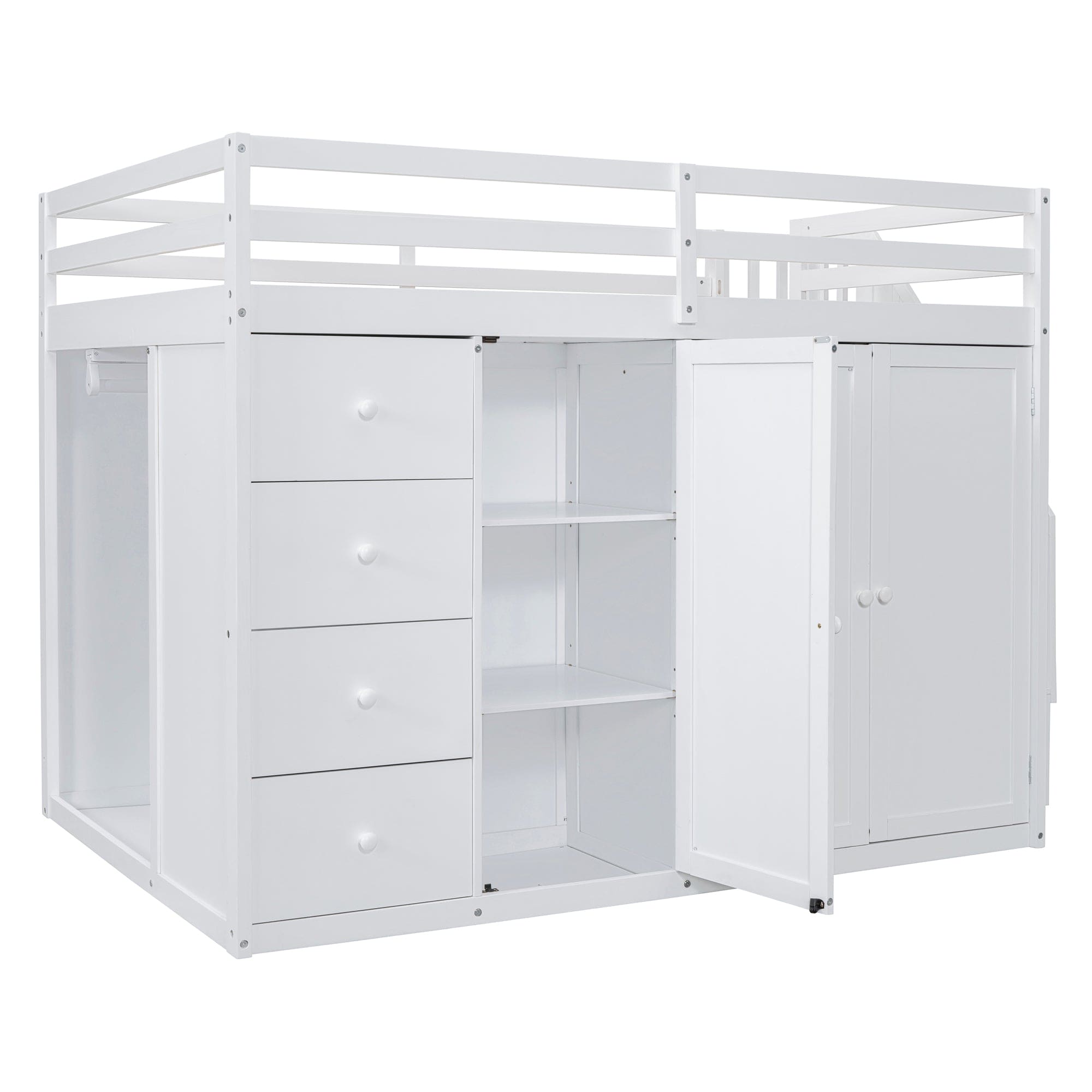 Full Size Wood Loft Bed With Built-in Wardrobes, Cabinets and Drawers, White