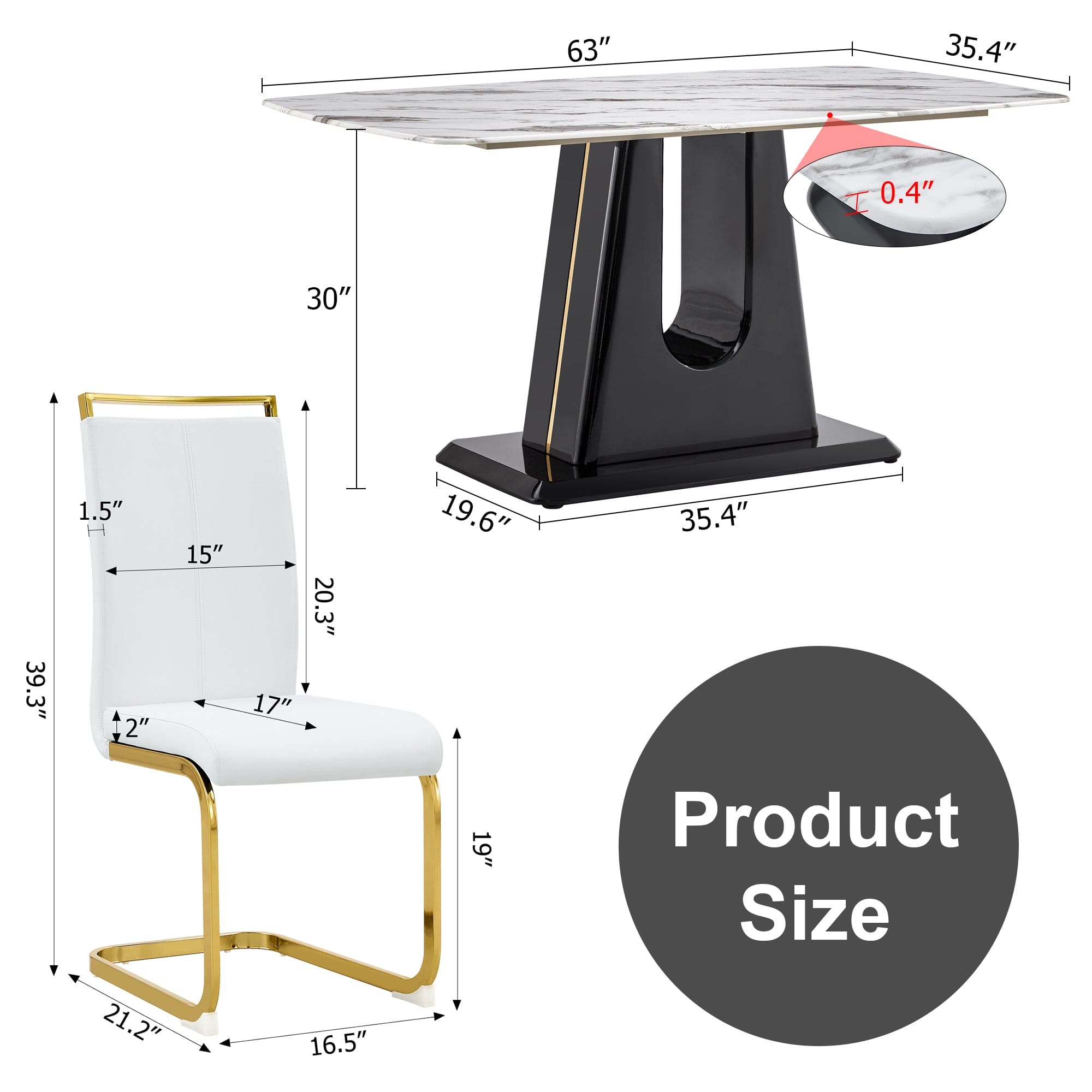 1 table and 6 chairs. Modern, simple and luxurious white imitation marble rectangular dining table and desk with 6 white PU gold plated leg chairs 63'' x 35.4'' X 30''