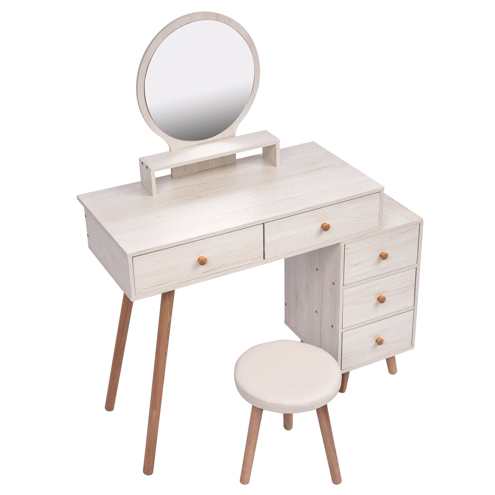 CRAZY ELF Makeup Vanity Table with Cushioned Stool, Large Capacity Storage Cabinet, 5 Drawers, Large Round Mirror, Fasionable Makeup Furniture (31.5"-43.2"L x 15.8"W x 48.1"H) Length Adjustable