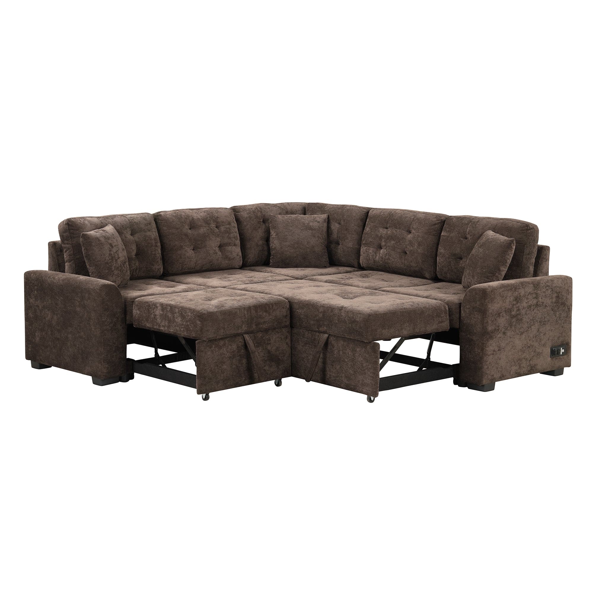 82.6" L-shape Sofa Bed Pull-out Sleeper Sofa with Wheels, USB Ports, Power Sockets for Living Room, Brown