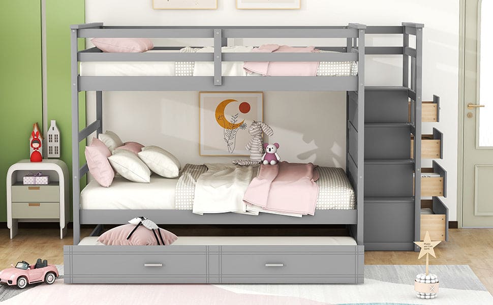 Full Over Full Bunk Bed with Twin Size Trundle and Staircase, Gray