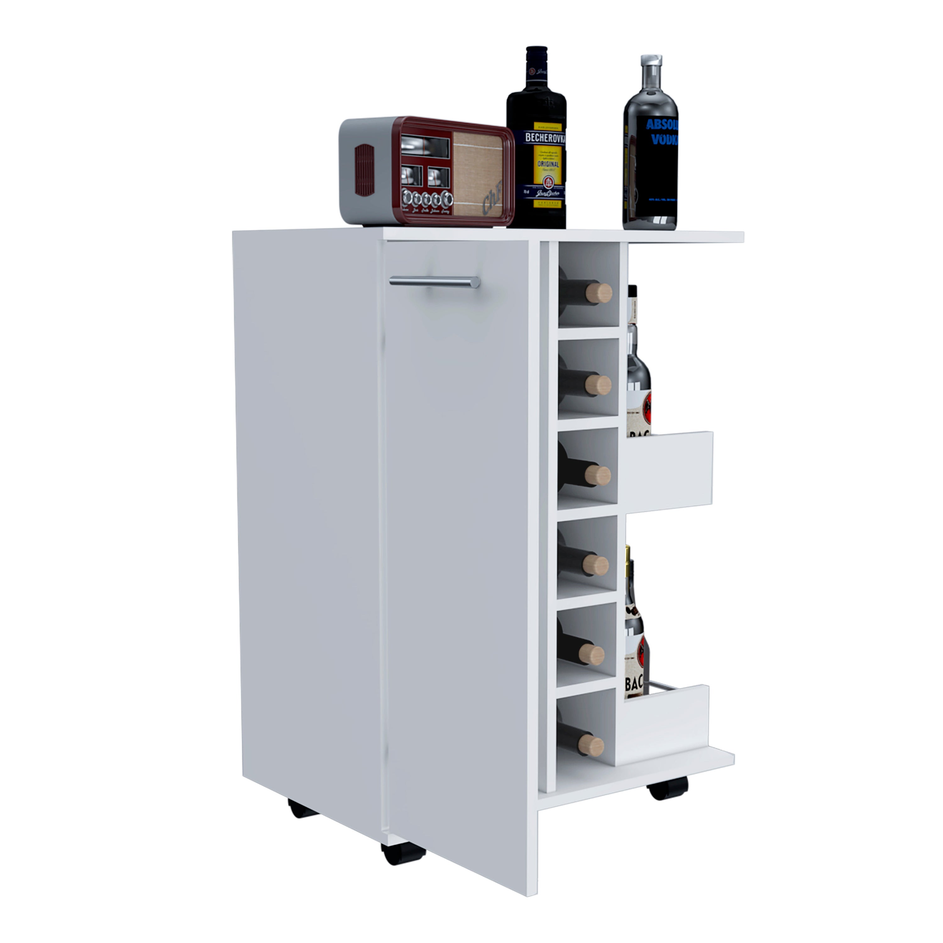 Bar Cart Wells, Four Casters, Six Wine Cubbies, Single Door Cabinet, White Finish