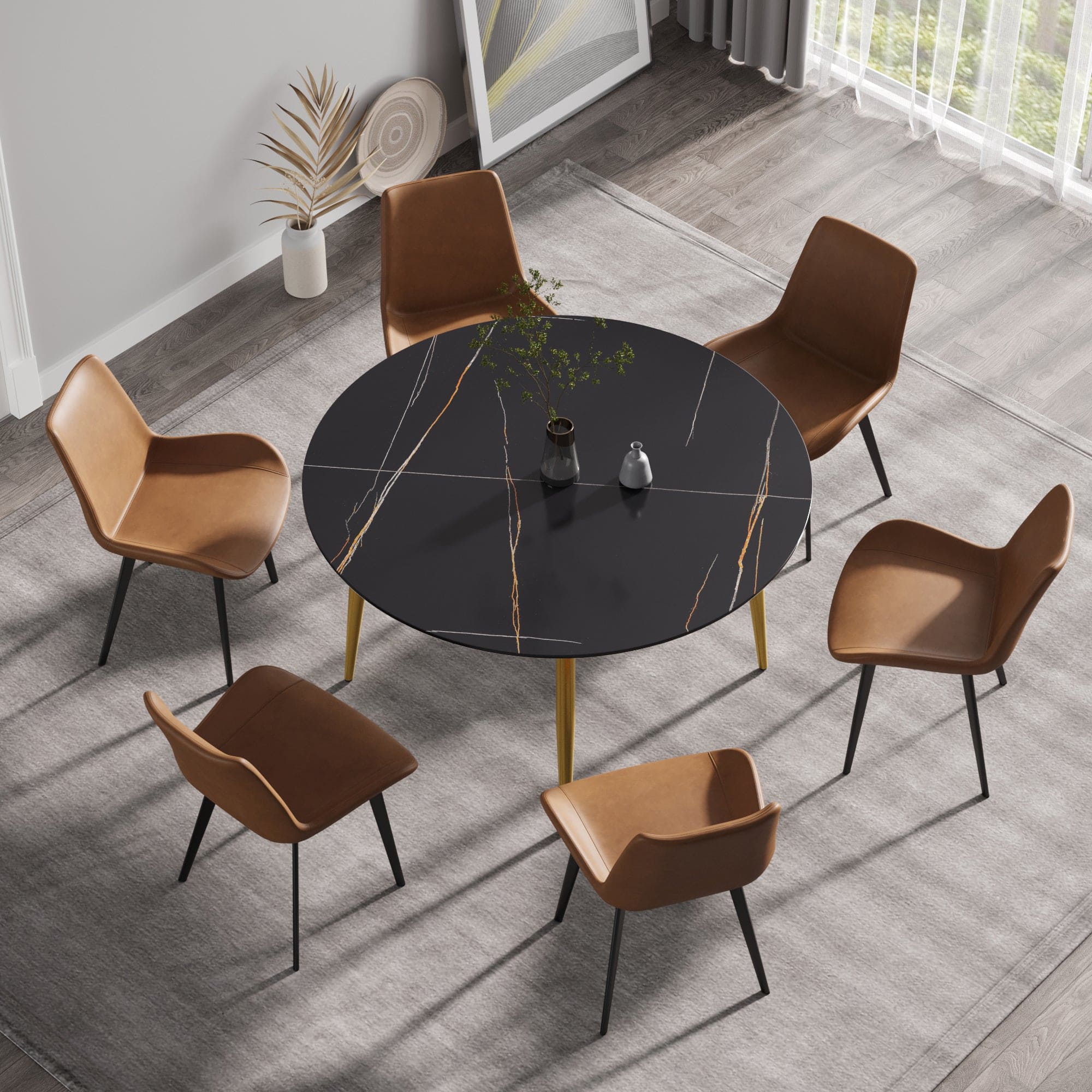 53.15 " modern artificial stone black round dining table with golden metal legs-can accommodate 6 people.