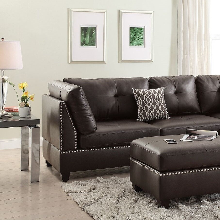 3-pcs Sectional Sofa Espresso Bonded Leather Cushion Sofa Chaise Ottoman Reversible Couch Pillows