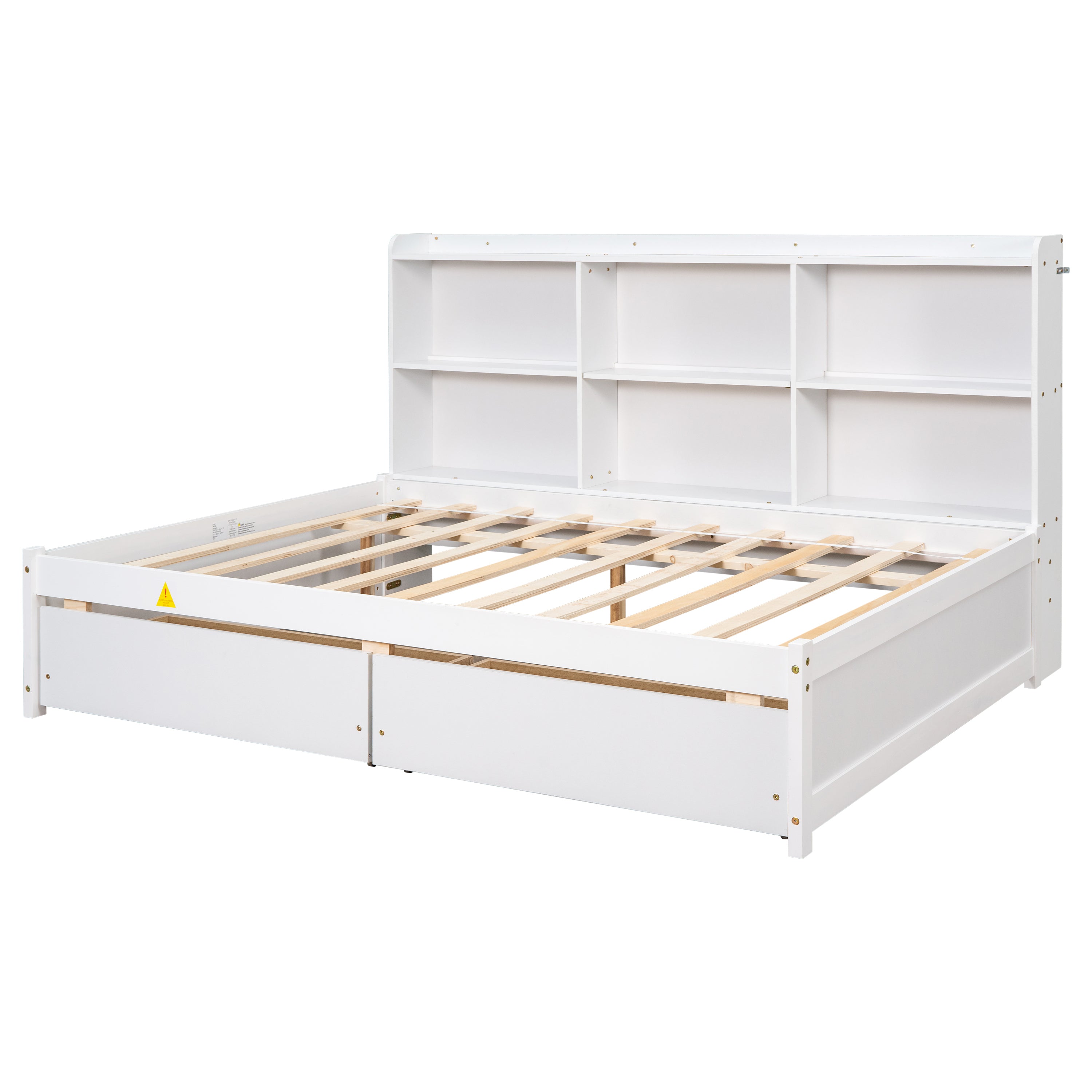 Full Bed with Side Bookcase, Drawers,White