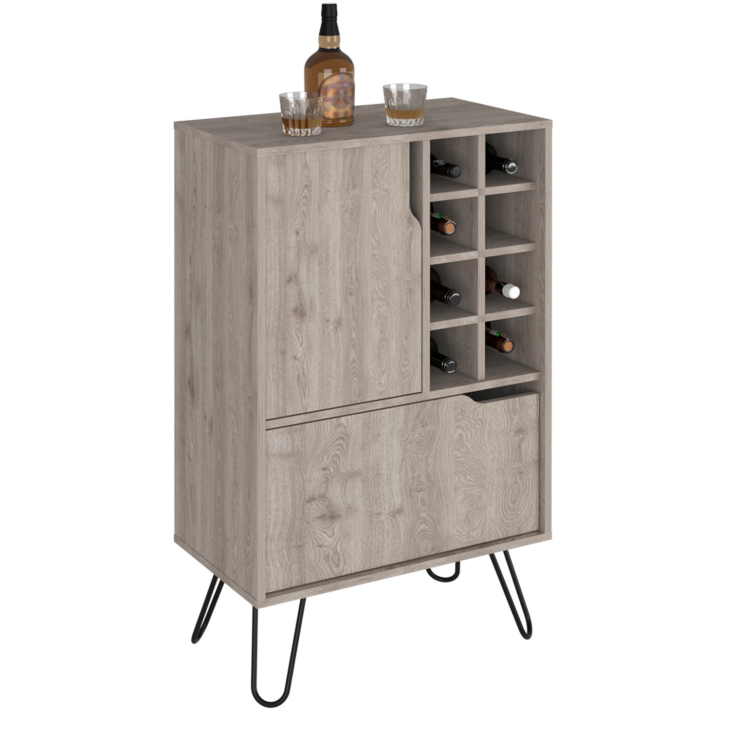 L Bar Cabinet Silhill, Eight Wine Cubbies, Two Cabinets With Single Door, Light Gray Finish