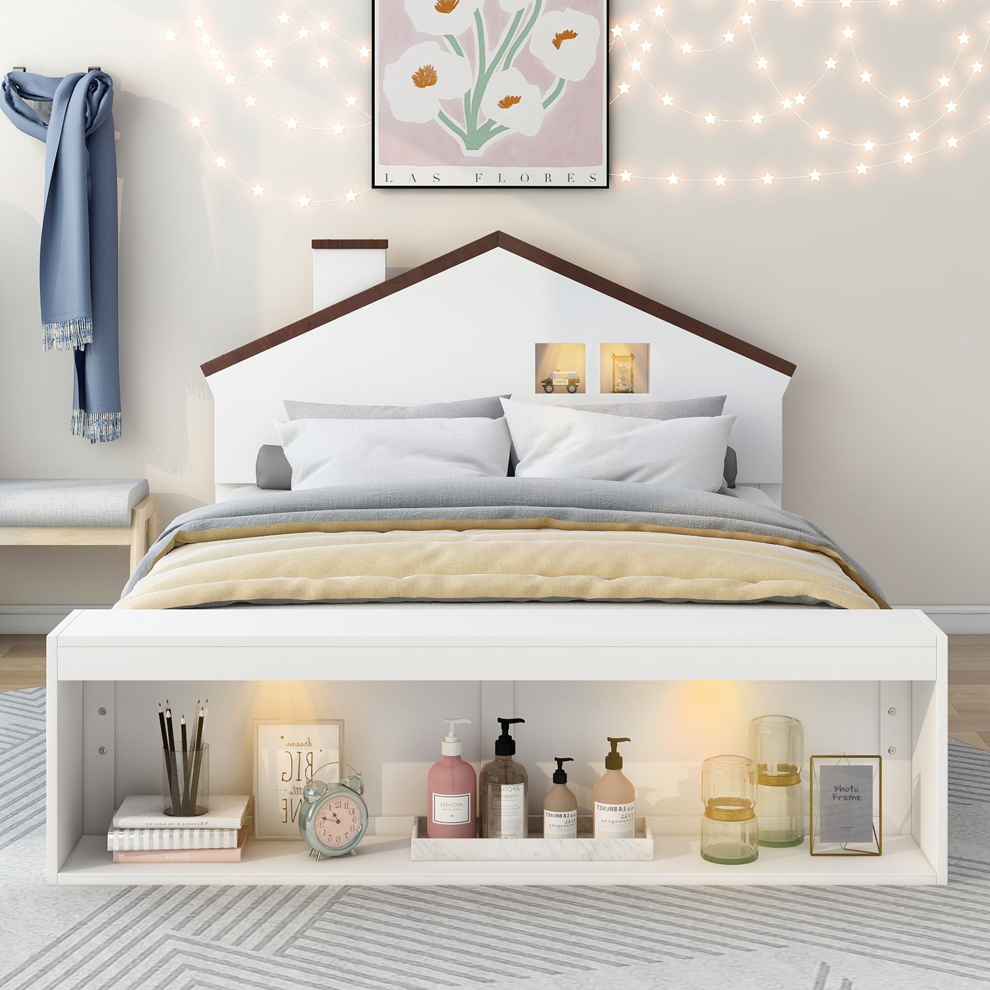 Full Size House Platform Bed with LED Lights and Storage, White