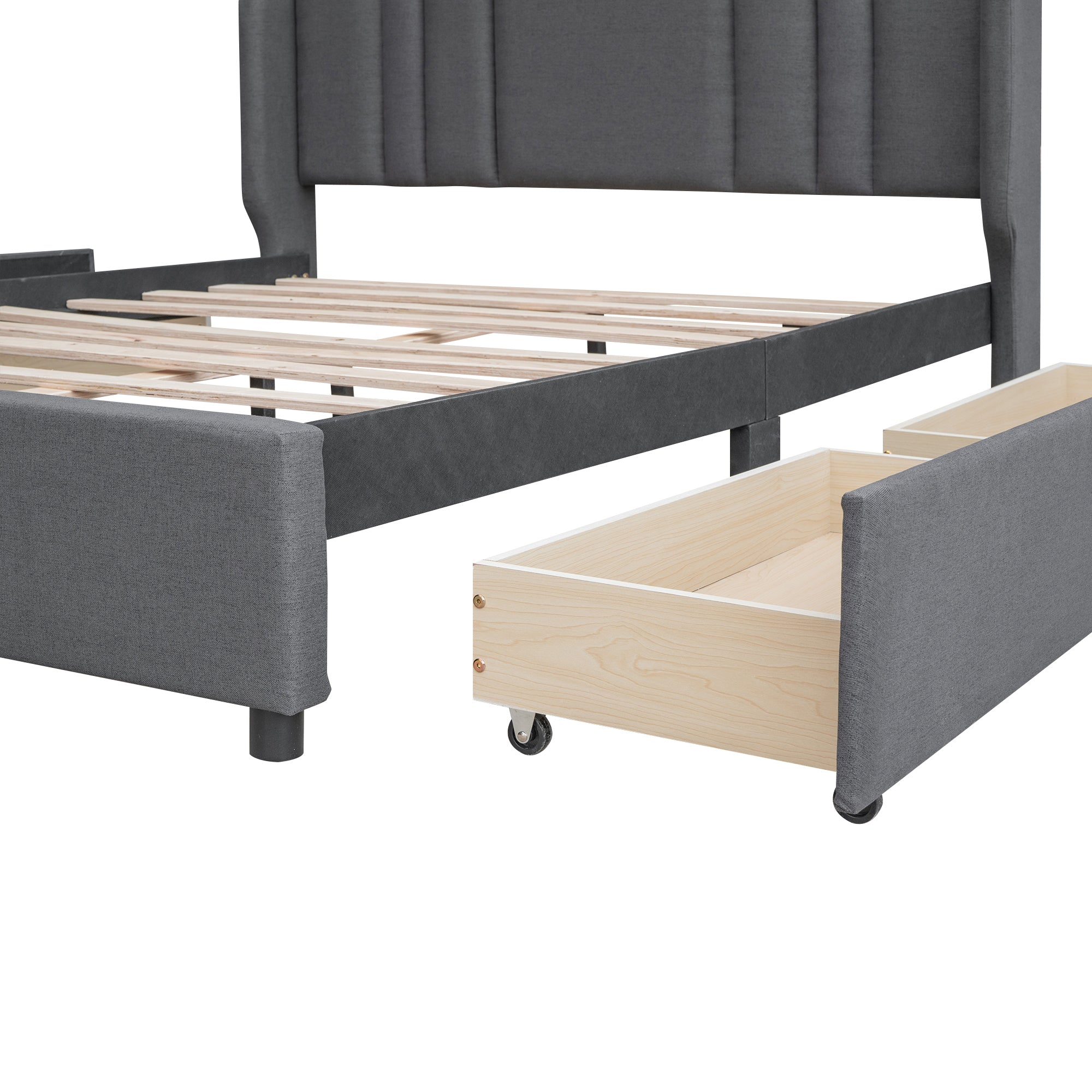 Upholstered Platform Bed with Wingback Headboard and 4 Drawers, No Box Spring Needed, Linen Fabric, Queen Size Gray