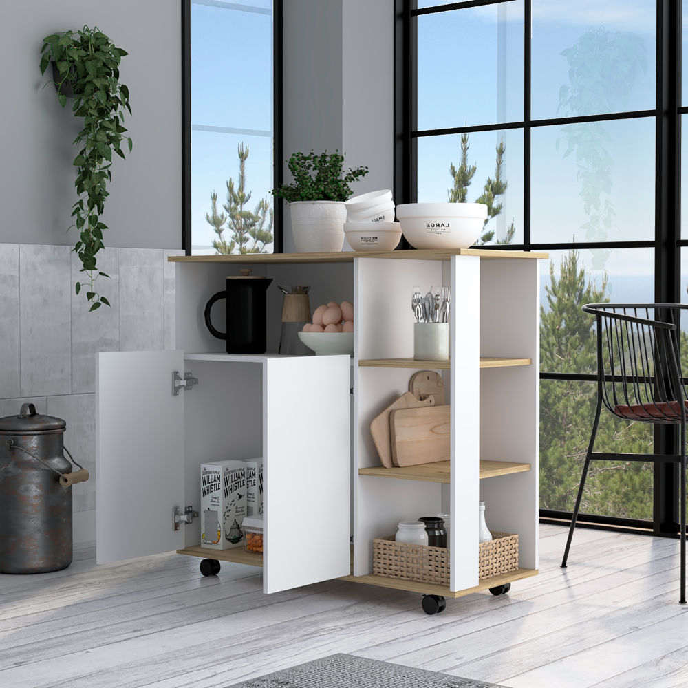 DEPOT E-SHOP St. Thomas Kitchen Cart, Four Open Shelves, Double Door Cabinet, Four Casters, Light Oak / White