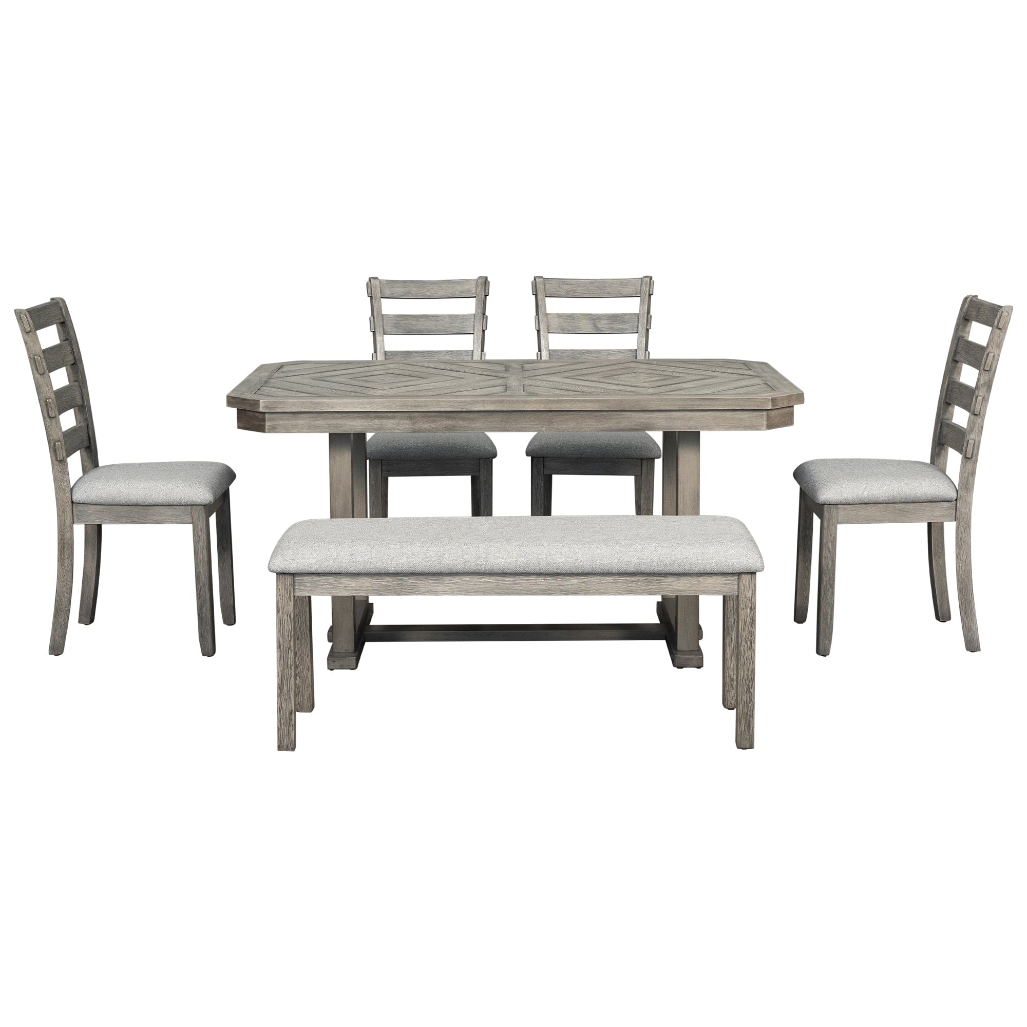 TREXM 6-Piece Rubber Wood Dining Table Set with Beautiful Wood Grain Pattern Tabletop Solid Wood Veneer and Soft Cushion (Gray)