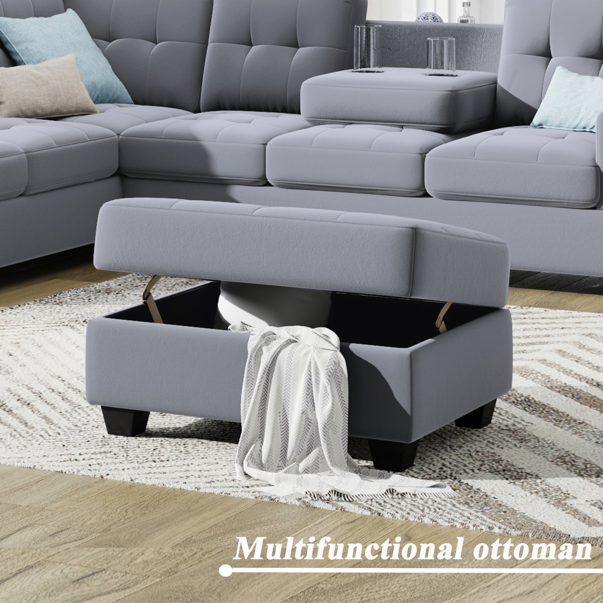 Orisfur. Sectional Sofa with Reversible Chaise Lounge, L-Shaped Couch with Storage Ottoman and Cup Holders