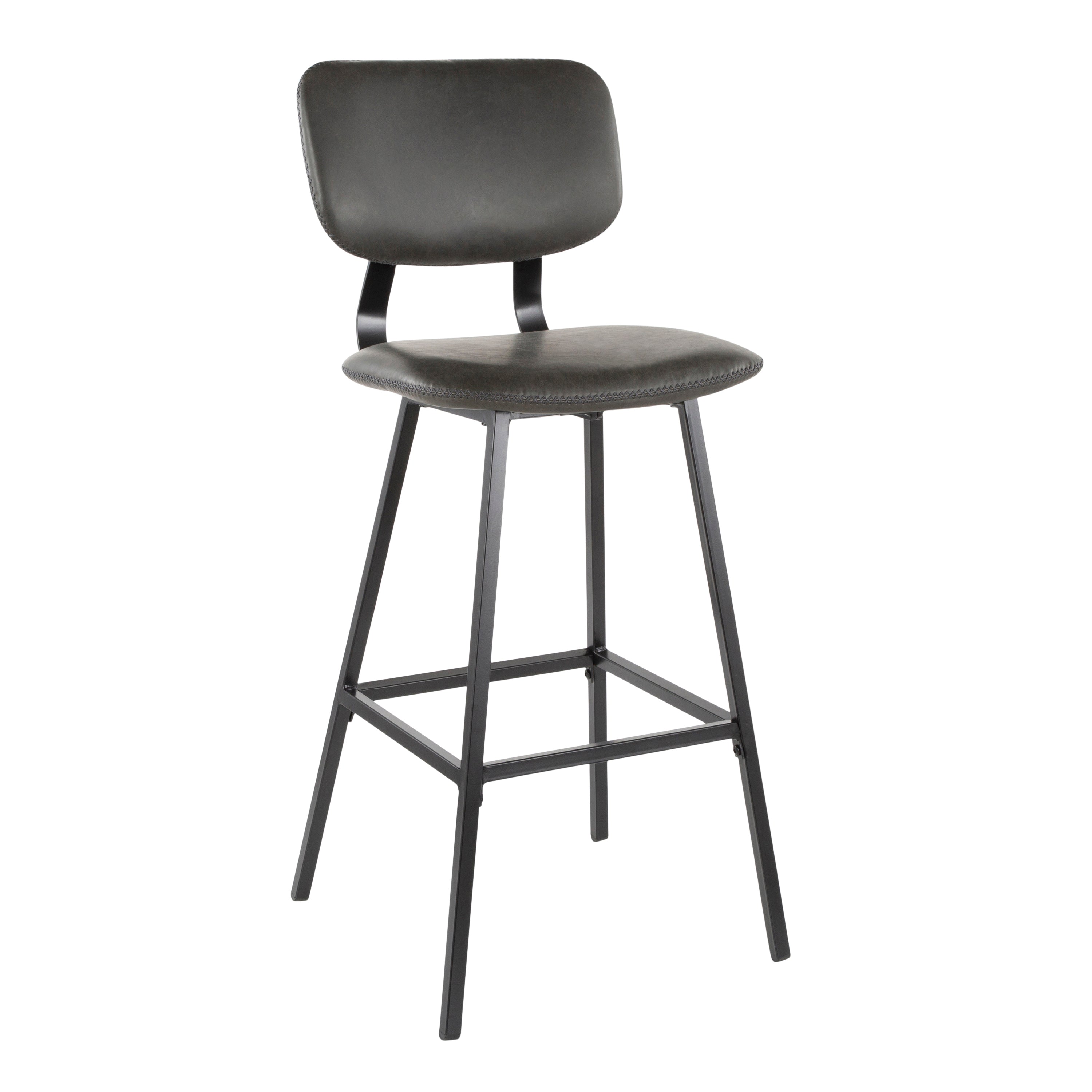 Foundry Contemporary Barstool in Black Metal and Grey Faux Leather with Grey Zig Zag Stitching by LumiSource - Set of 2