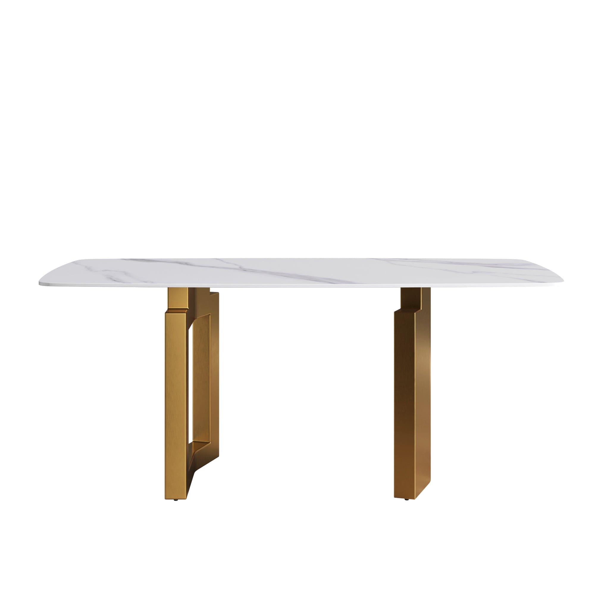 70.87"Modern artificial stone white curved golden metal leg dining table-can accommodate 6-8 people