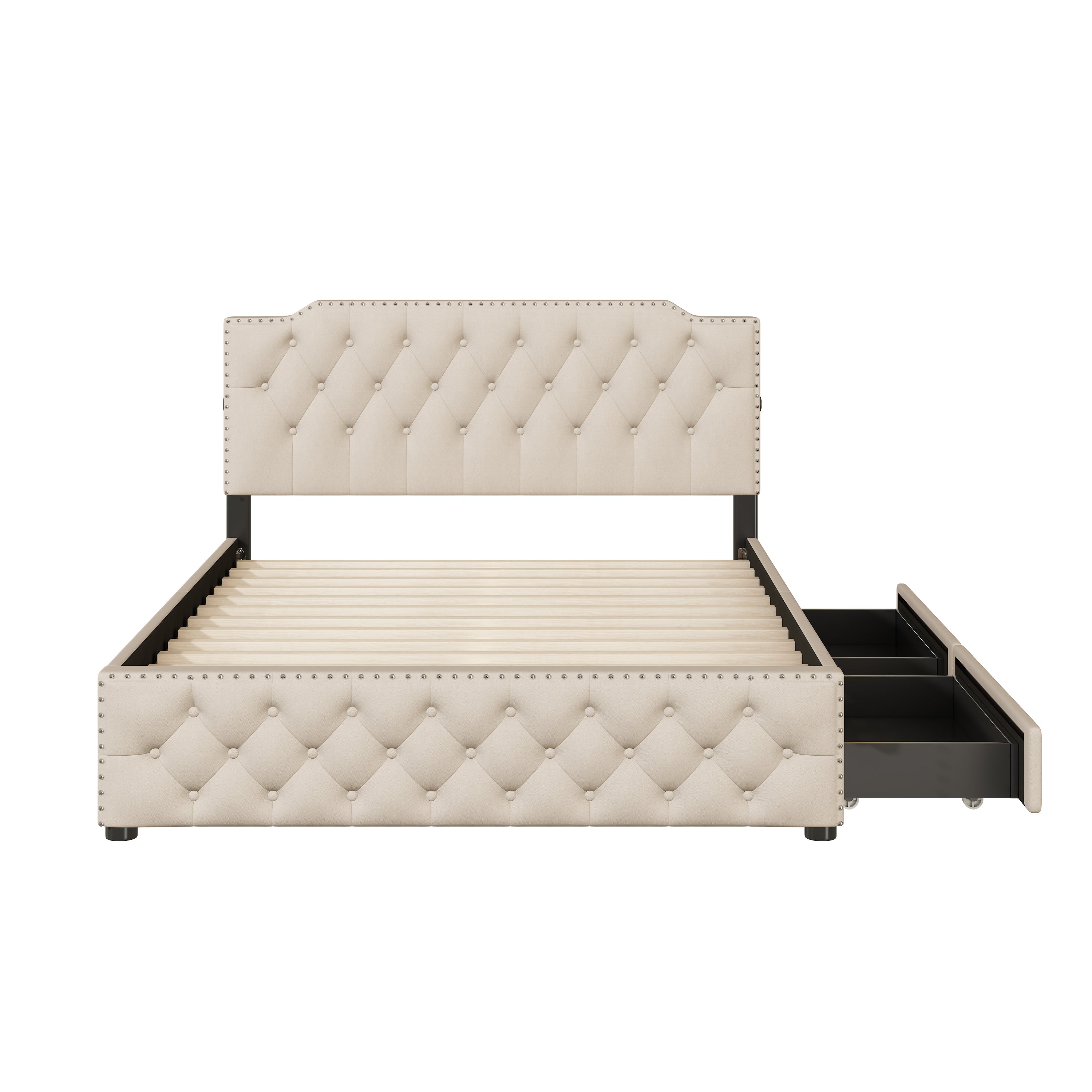 Queen Size Upholstered Platform Bed with 2 Drawers and 2 sets of USB Ports on each side, Linen Fabric, Beige