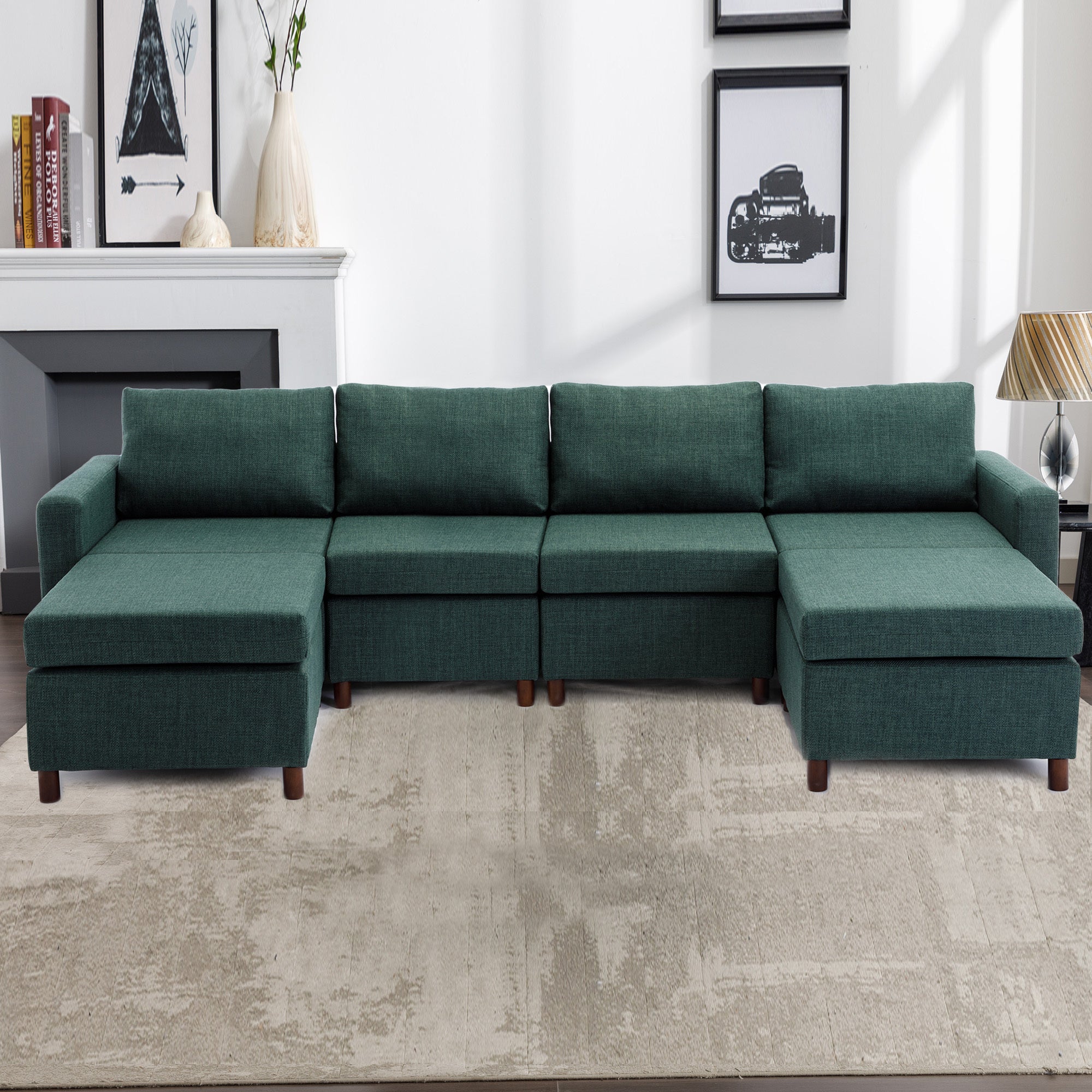 4 Seat Module Sectional Sofa Couch With 2 Ottoman for living room,Seat Cushion and Back Cushion Non-Removable and Non-Washable,Green