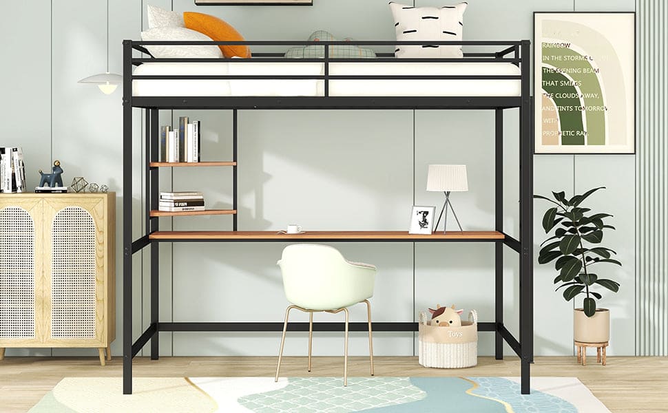 Full Metal Loft Bed with Desk and Shelve, Black