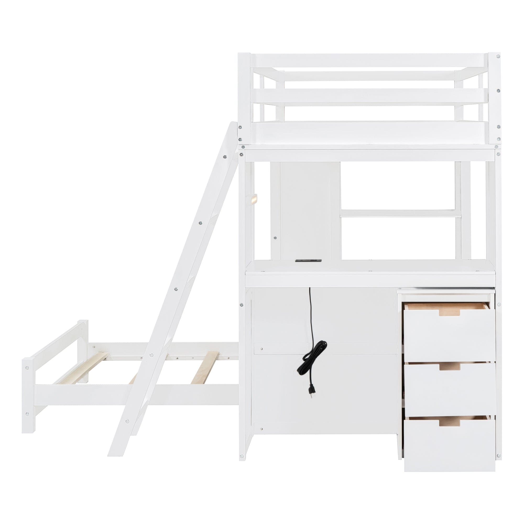 Twin over Twin Bunk Bed with LED Light and USB Ports, White