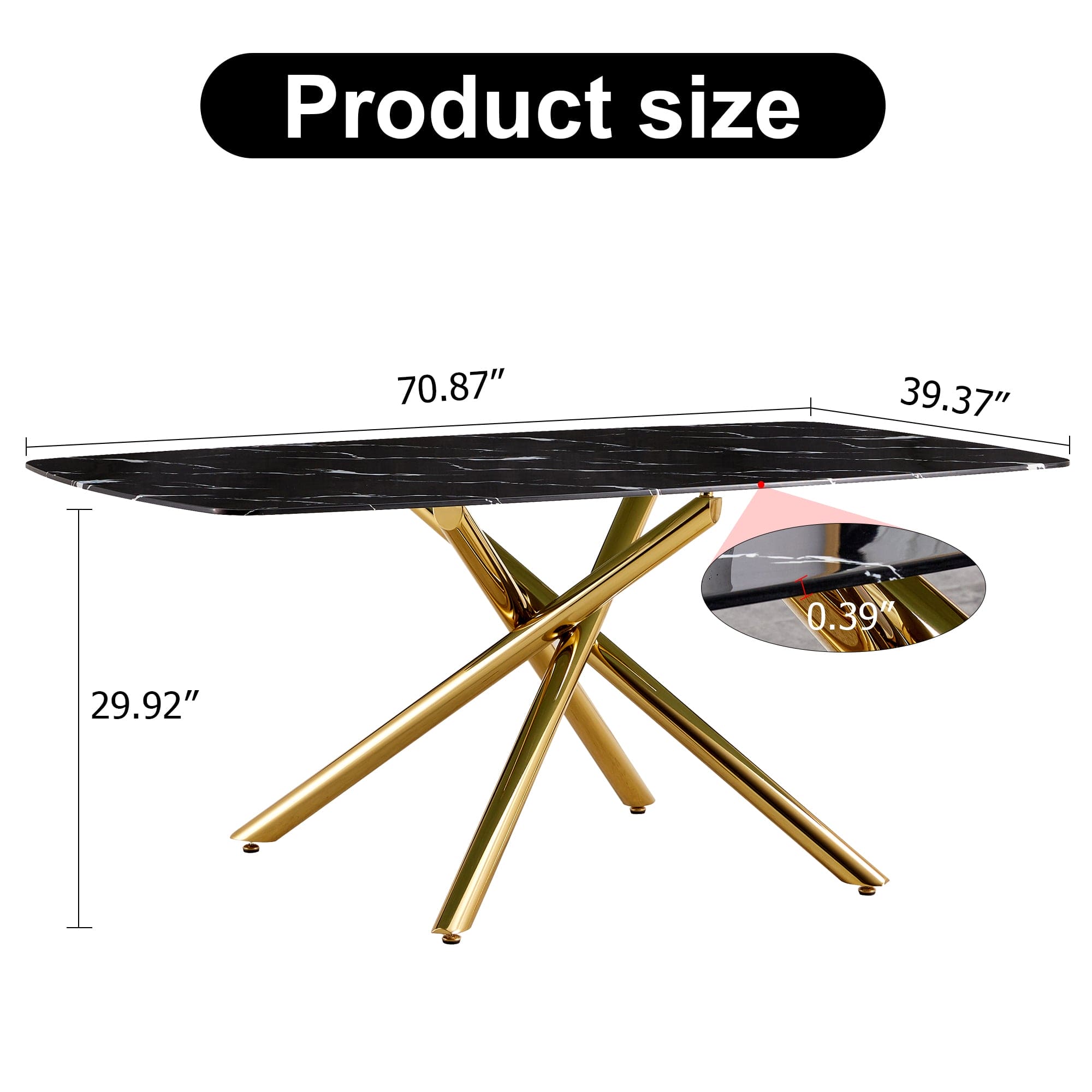 Large modern minimalist rectangular dining table with 0.39 "imitation marble black tabletop and golden metal legs, for Kitchen Dining Living Meeting Room Banquet hall 1537