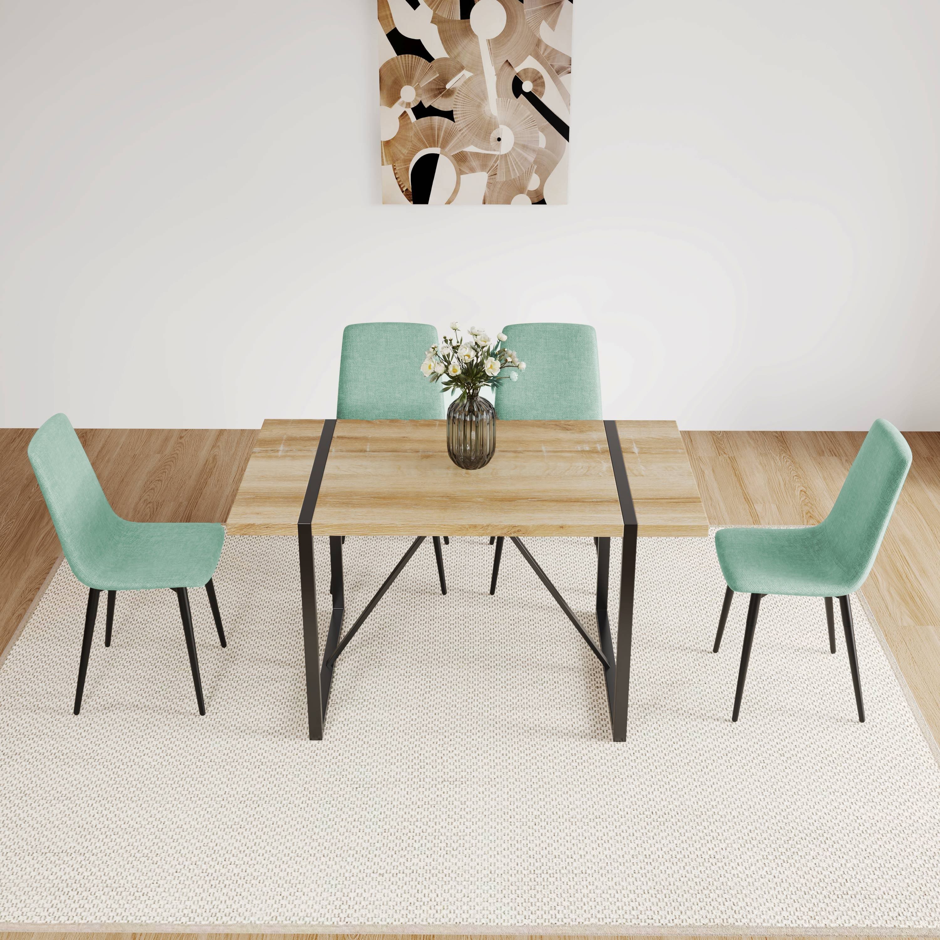 MDF Wood Colour Dining Table and Modern Dining Chairs Set of 4, Mid Century Wooden Kitchen Table Set, Metal Base & Legs, Dining Room Table and Linen Chairs