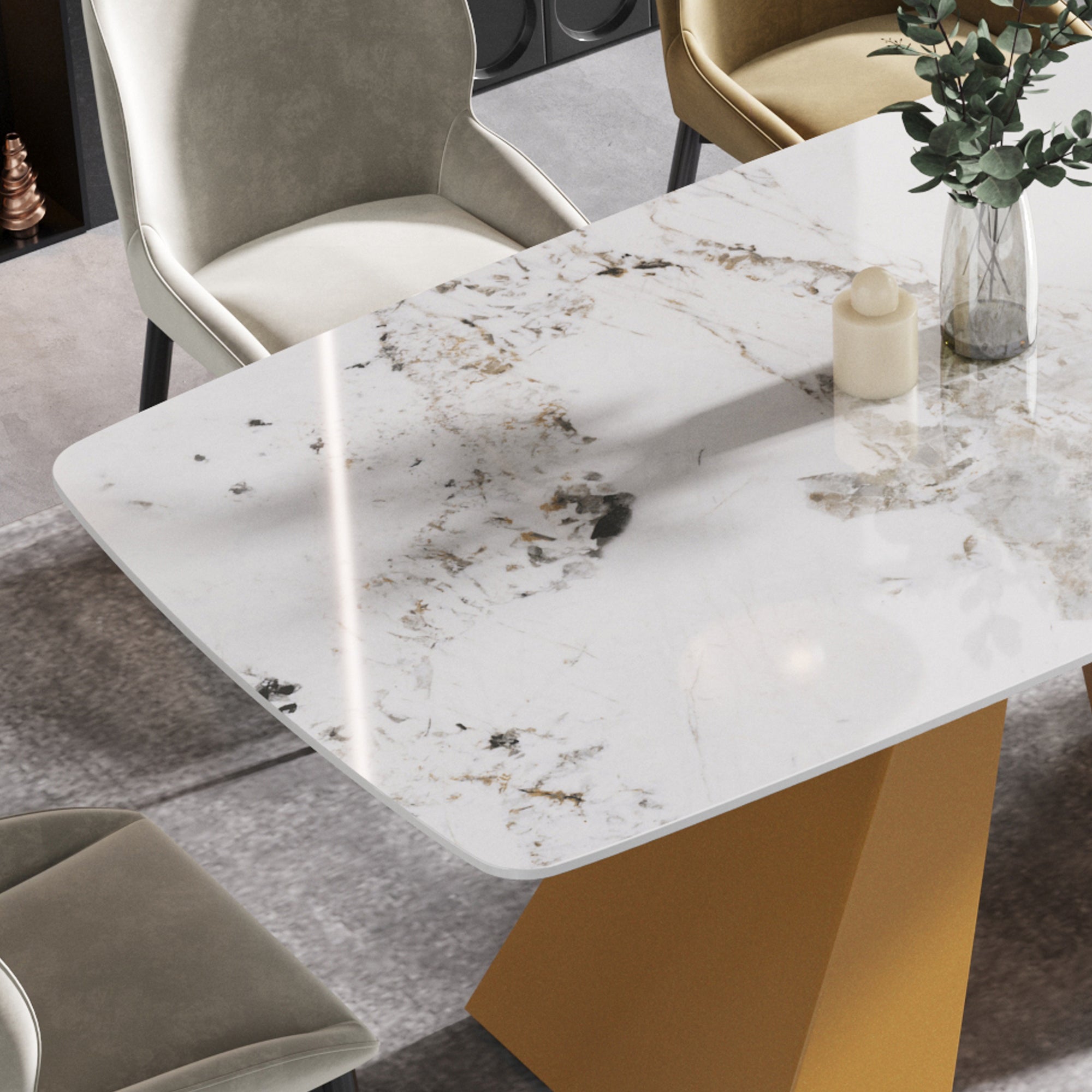 63"Modern artificial stone pandora white curved golden metal leg dining table -6 people